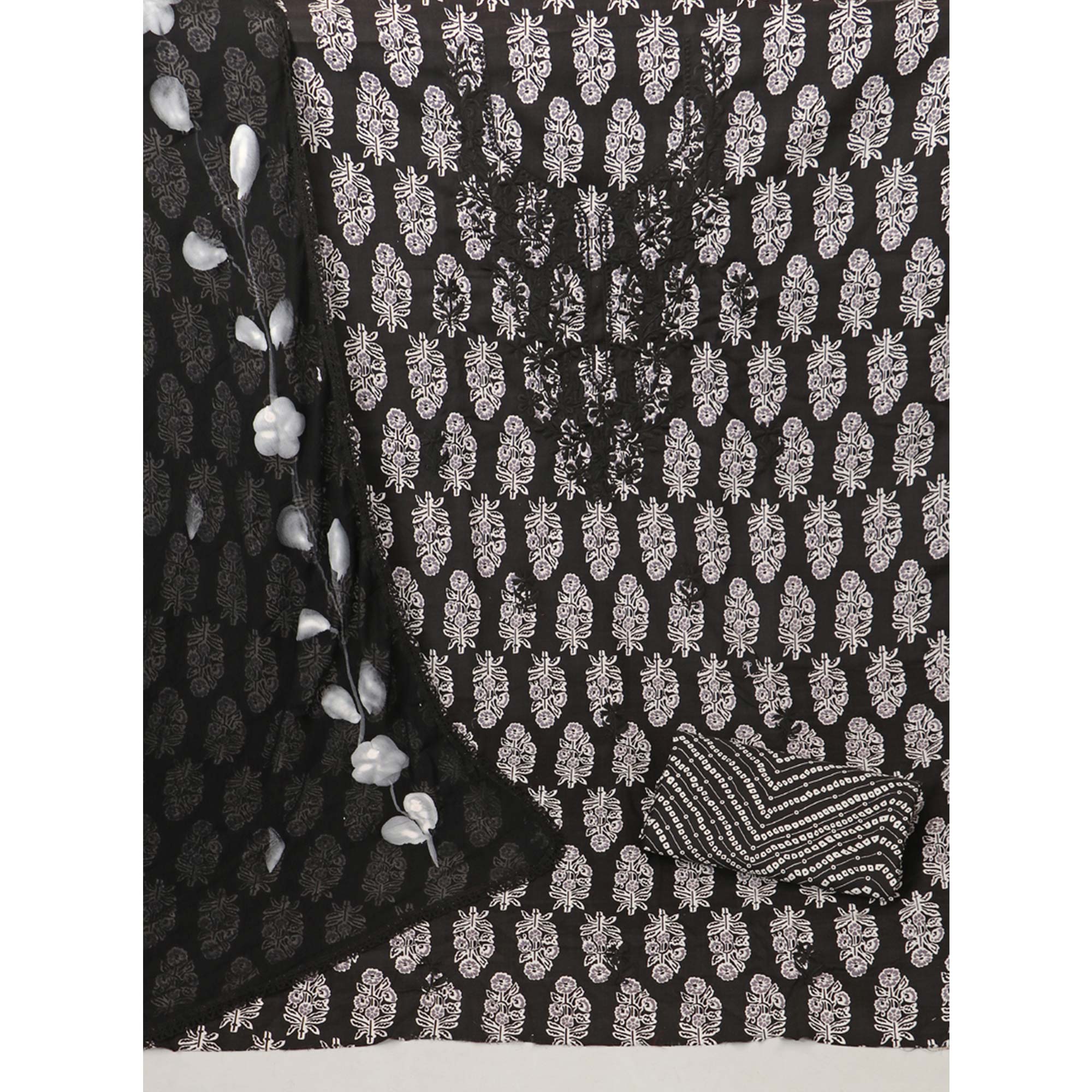 Black Printed With Embroidery Pure Cotton Dress Material
