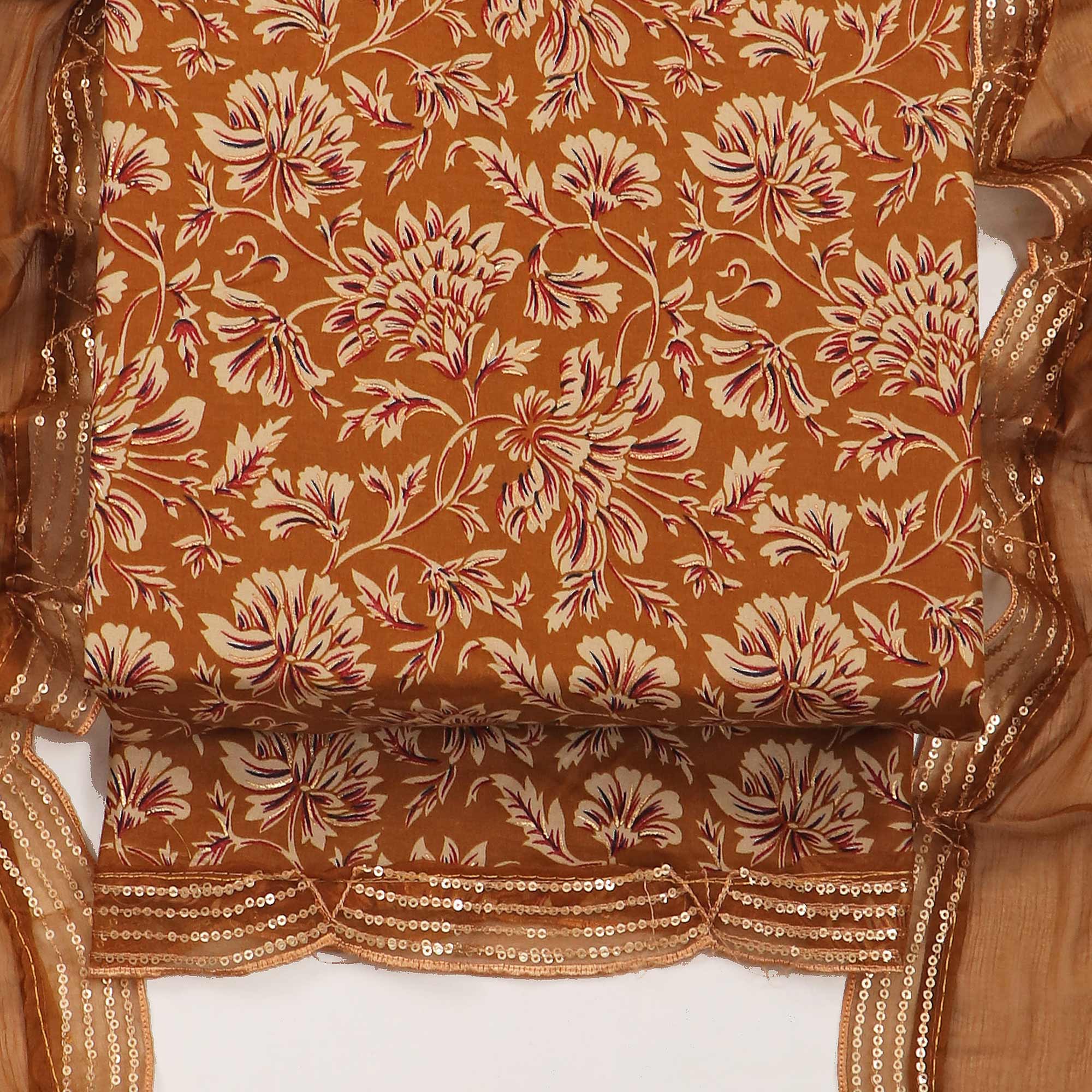 Mustard Floral Foil Printed Cotton Blend Dress Material