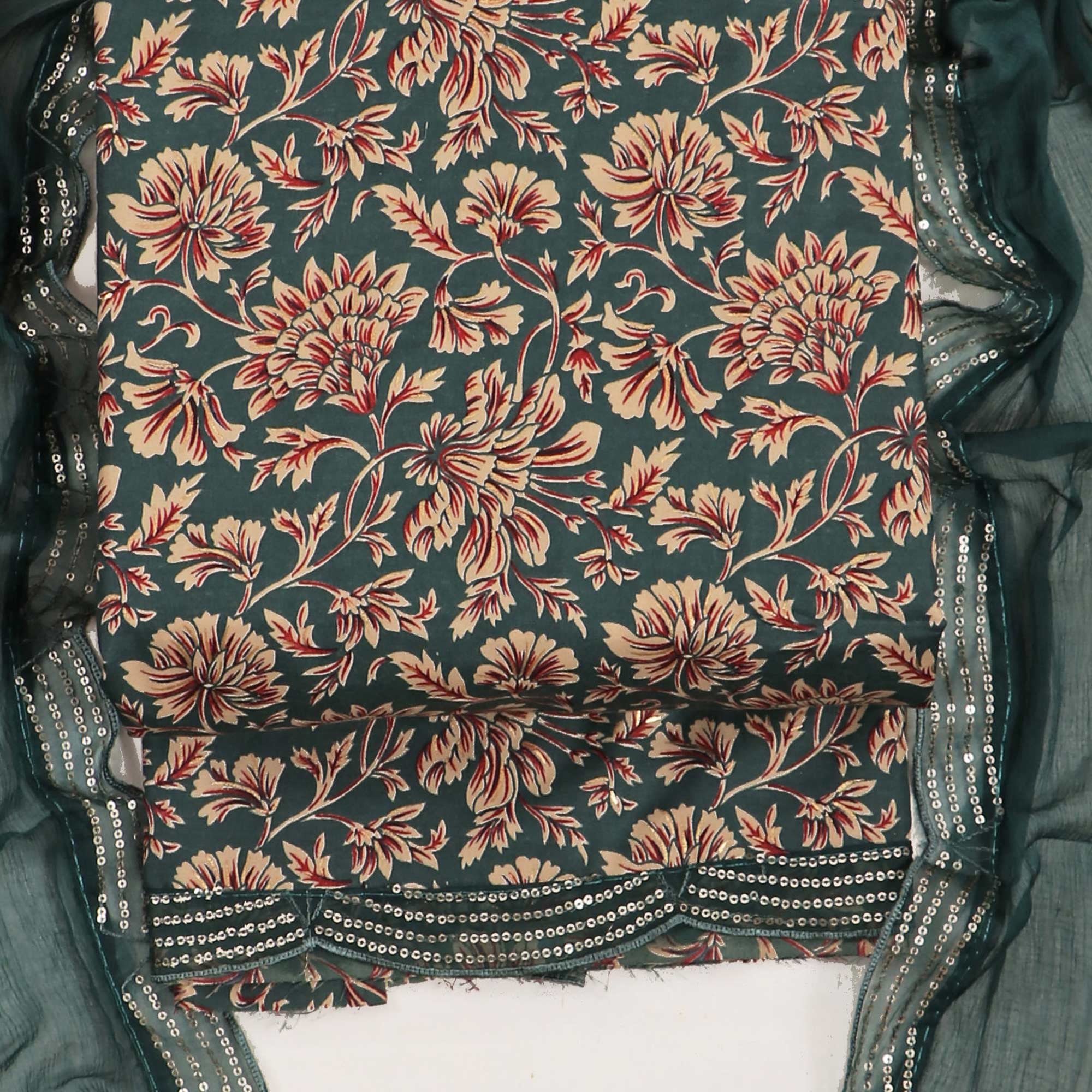 Teal Floral Foil Printed Cotton Blend Dress Material