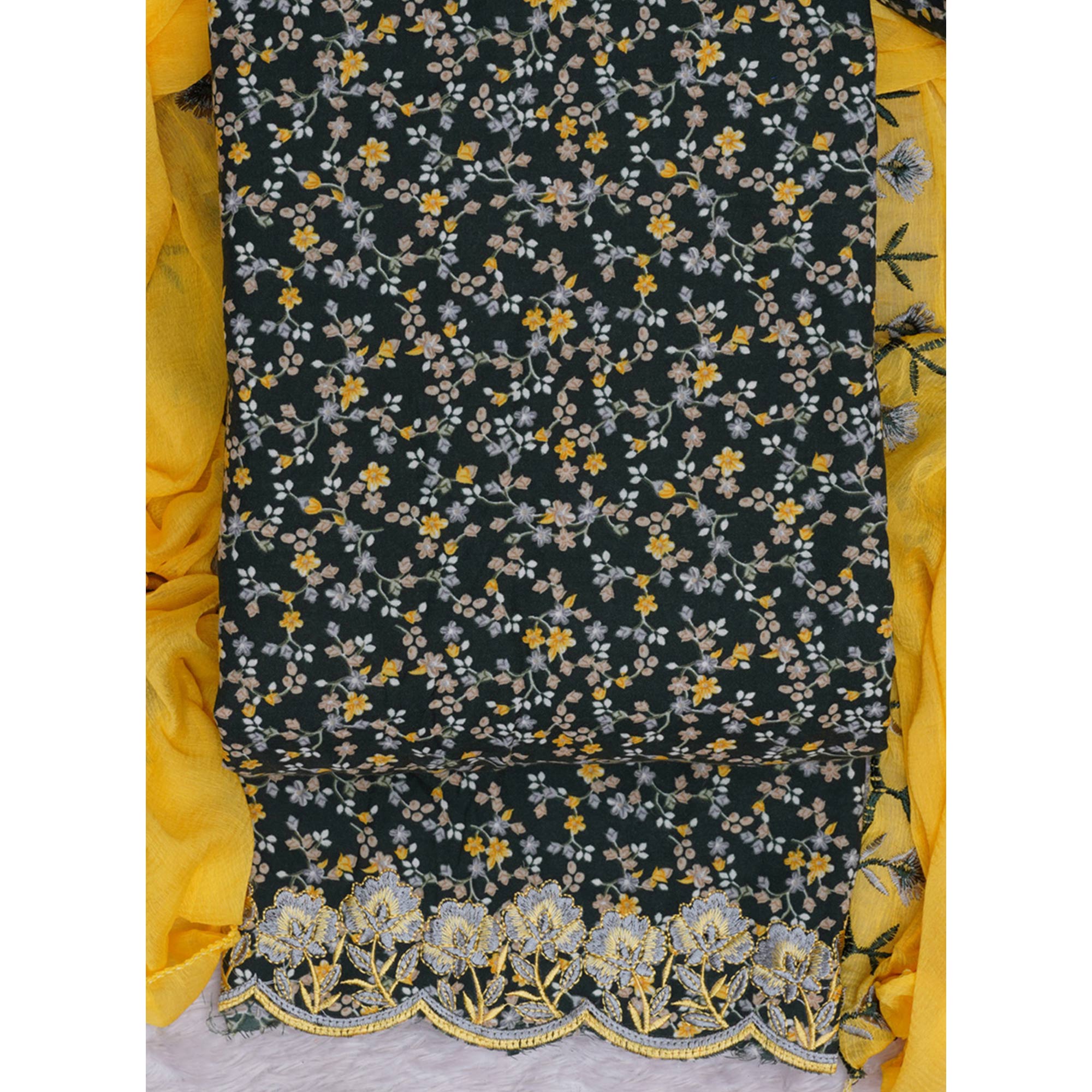 Bottle Green Floral Printed With Embroidery Cotton Silk Dress Material