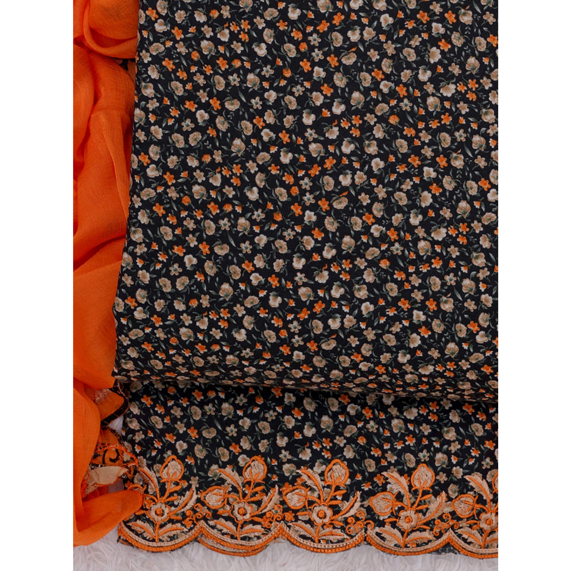 Black Floral Printed With Embroidery Cotton Silk Dress Material