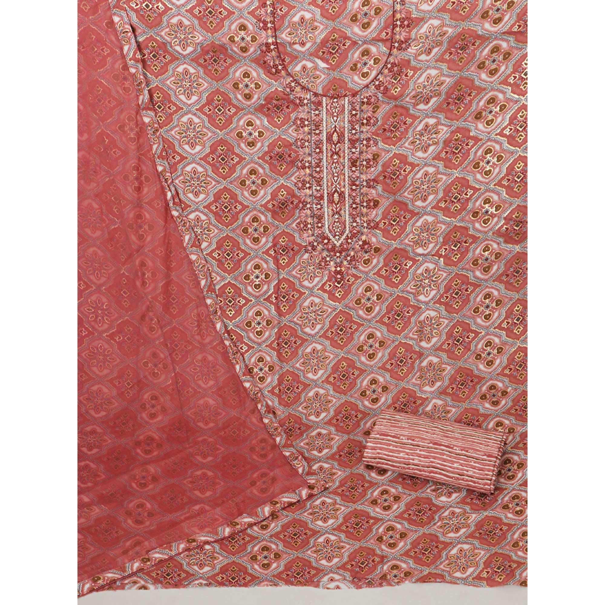 Peach Foil Print With Embroidered Pure Cotton Dress Material