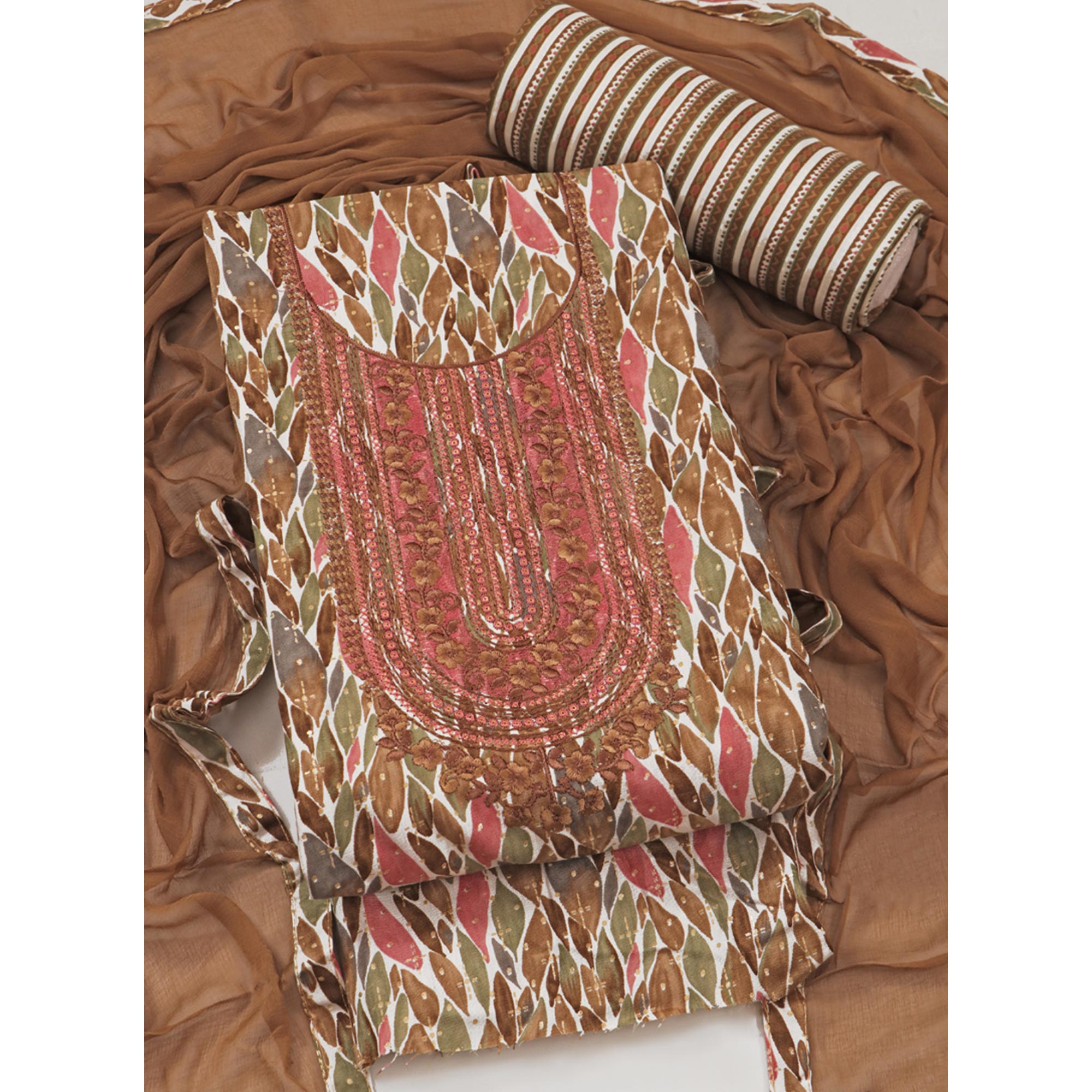 Brown Foil Printed With Embroidery Pure Cotton Dress Material