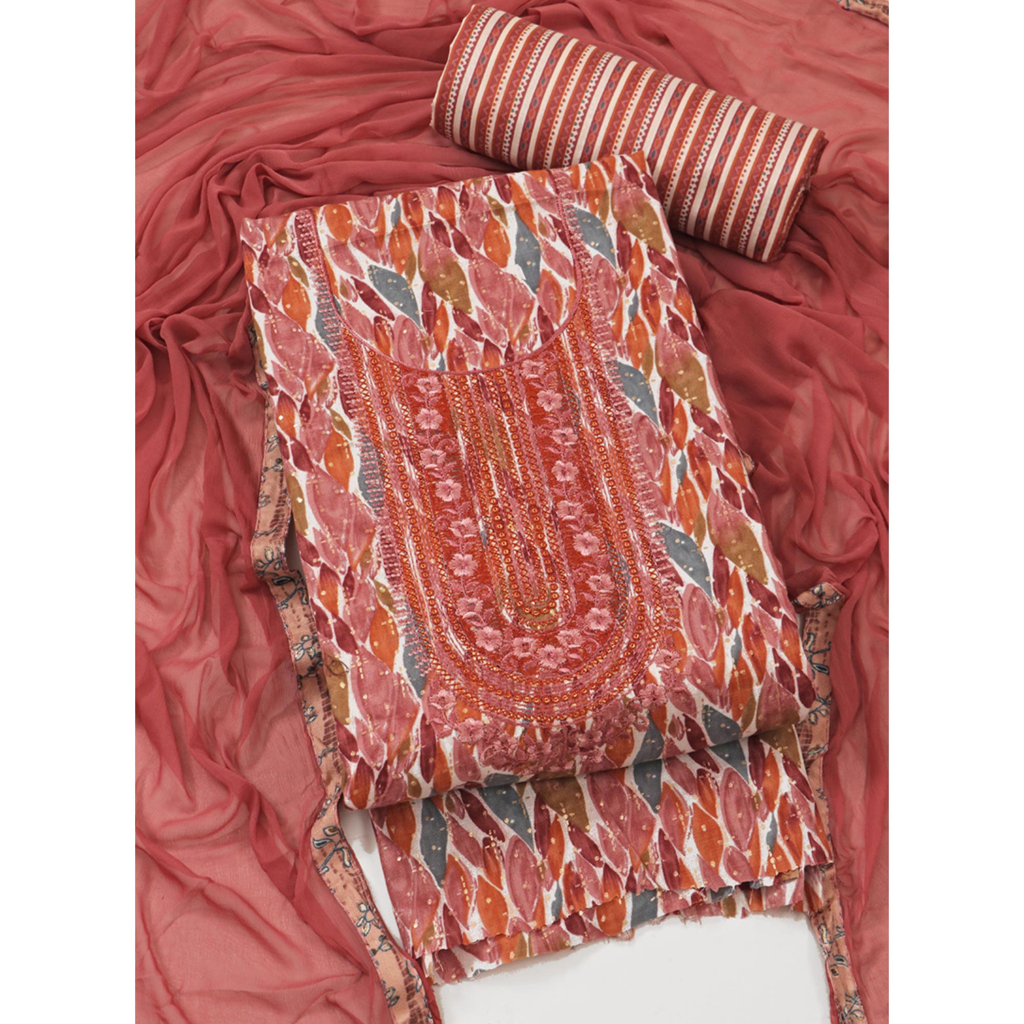 Peach Foil Printed With Embroidery Pure Cotton Dress Material