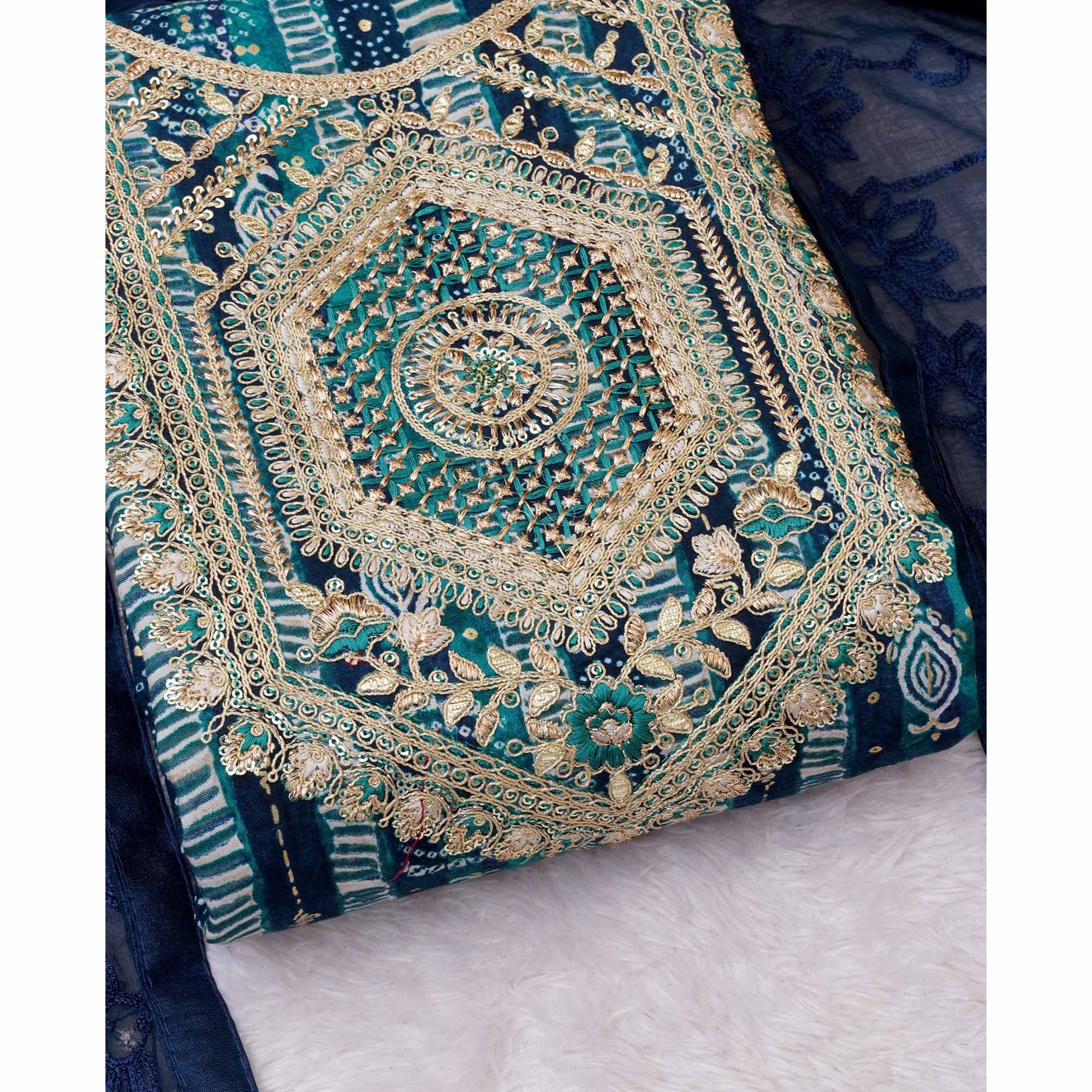 Teal Blue Bandhani Printed Rayon Dress Material