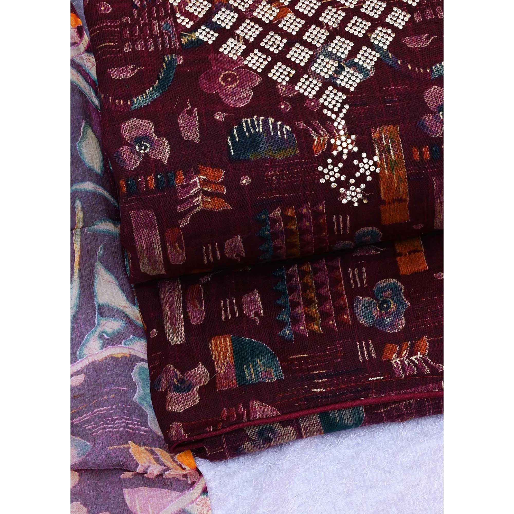 Wine Floral Printed With Stone Work Yoke Pure Cotton Dress Material