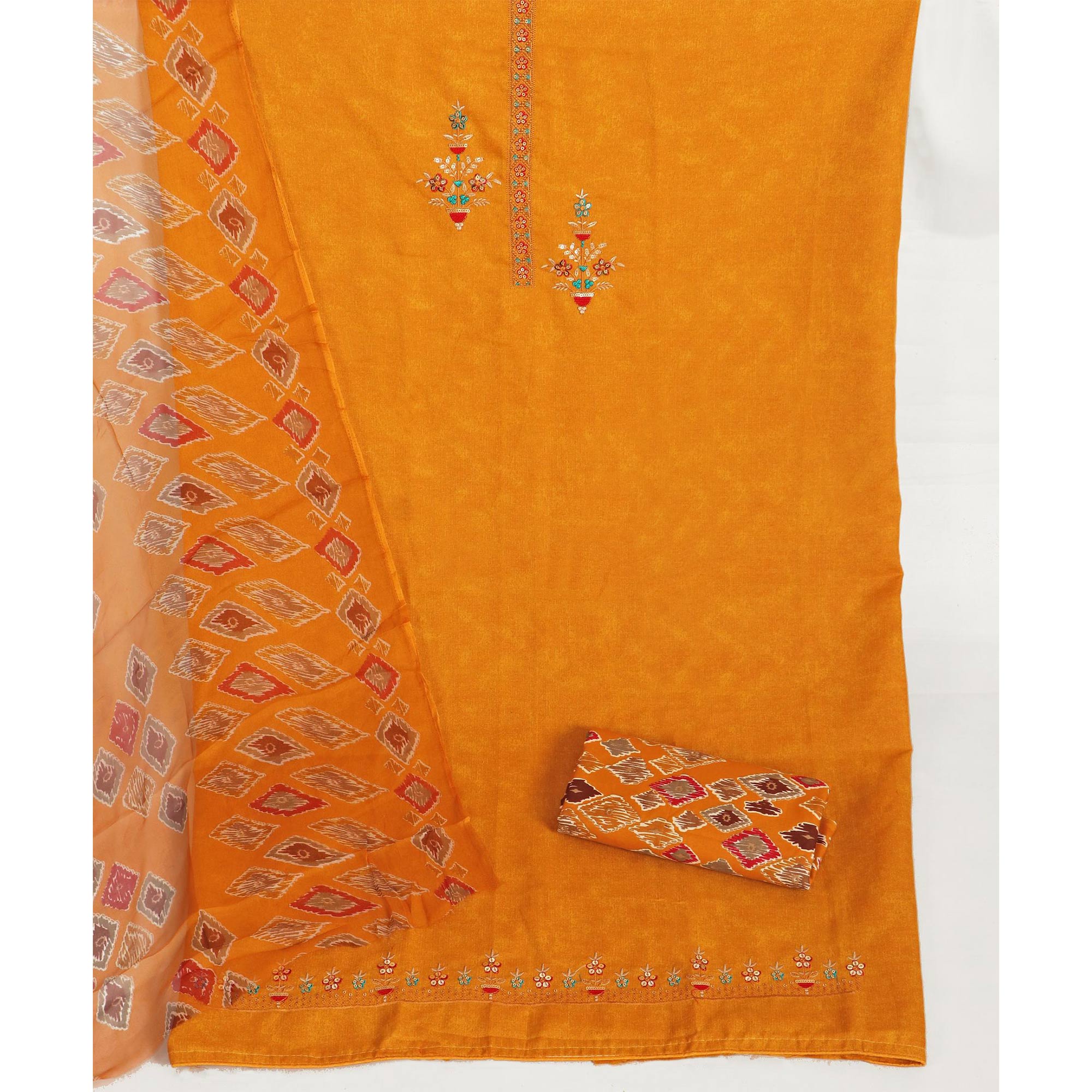 Mustard Floral Sequins Embroidered Pure Cotton Dress Material