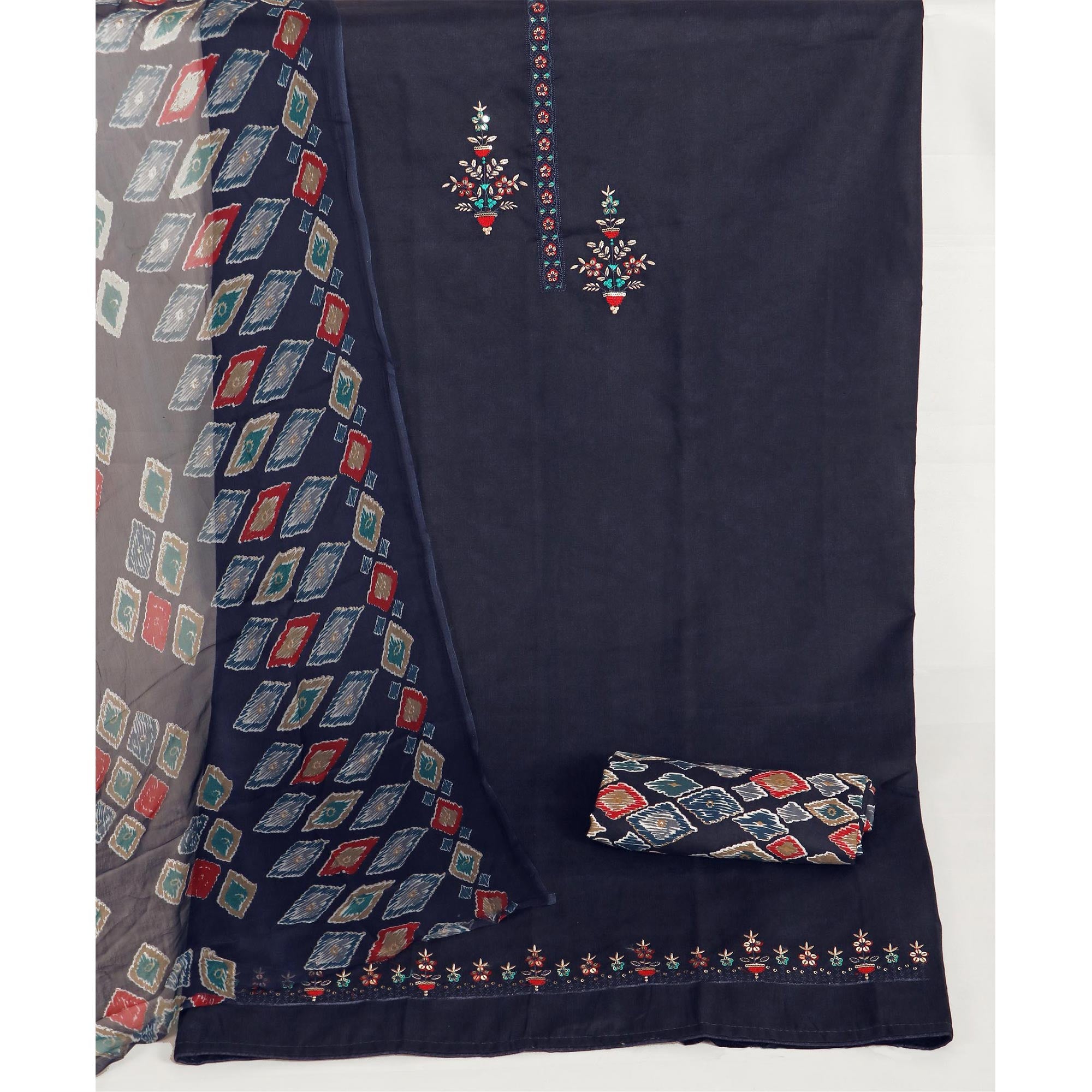 Navy Blue Floral Sequins Embroidered Pure Cotton Dress Material