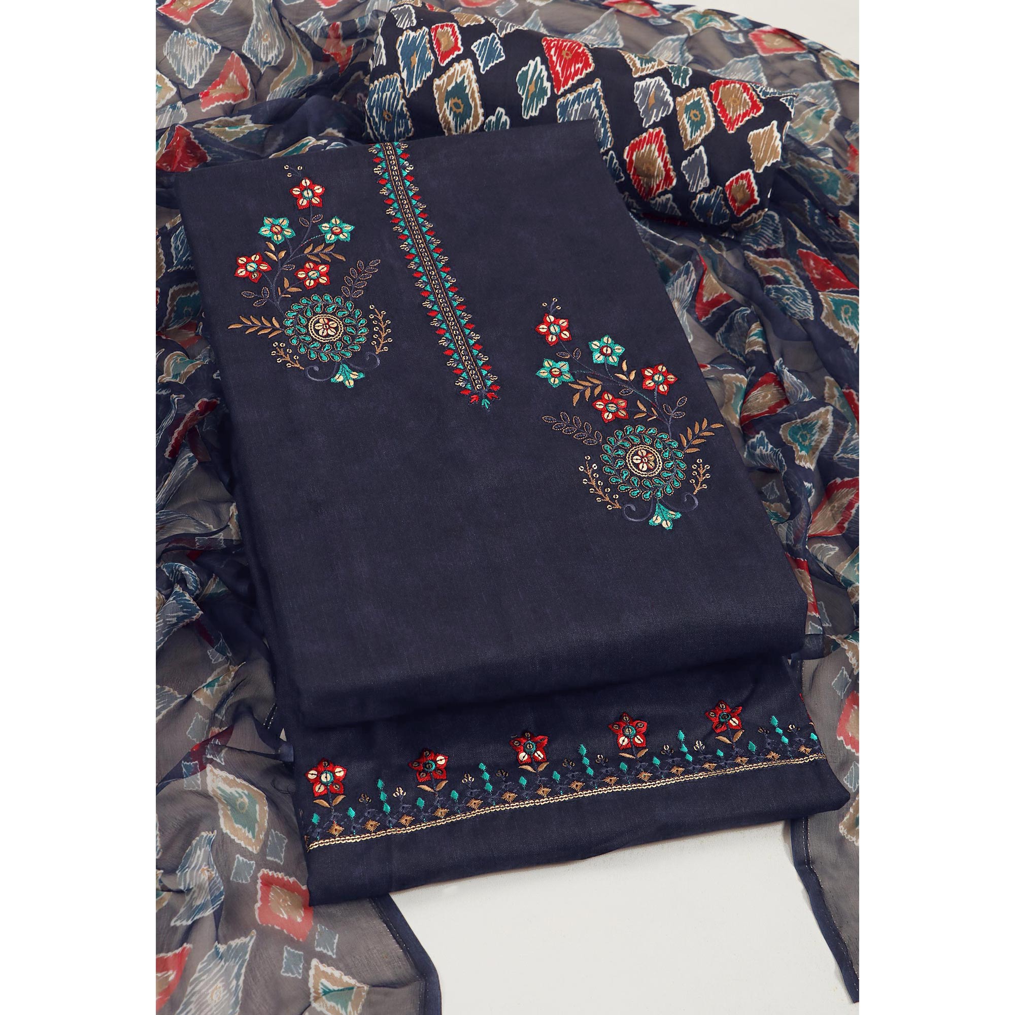 Navy Blue Floral Sequins Embroidered Pure Cotton Dress Material
