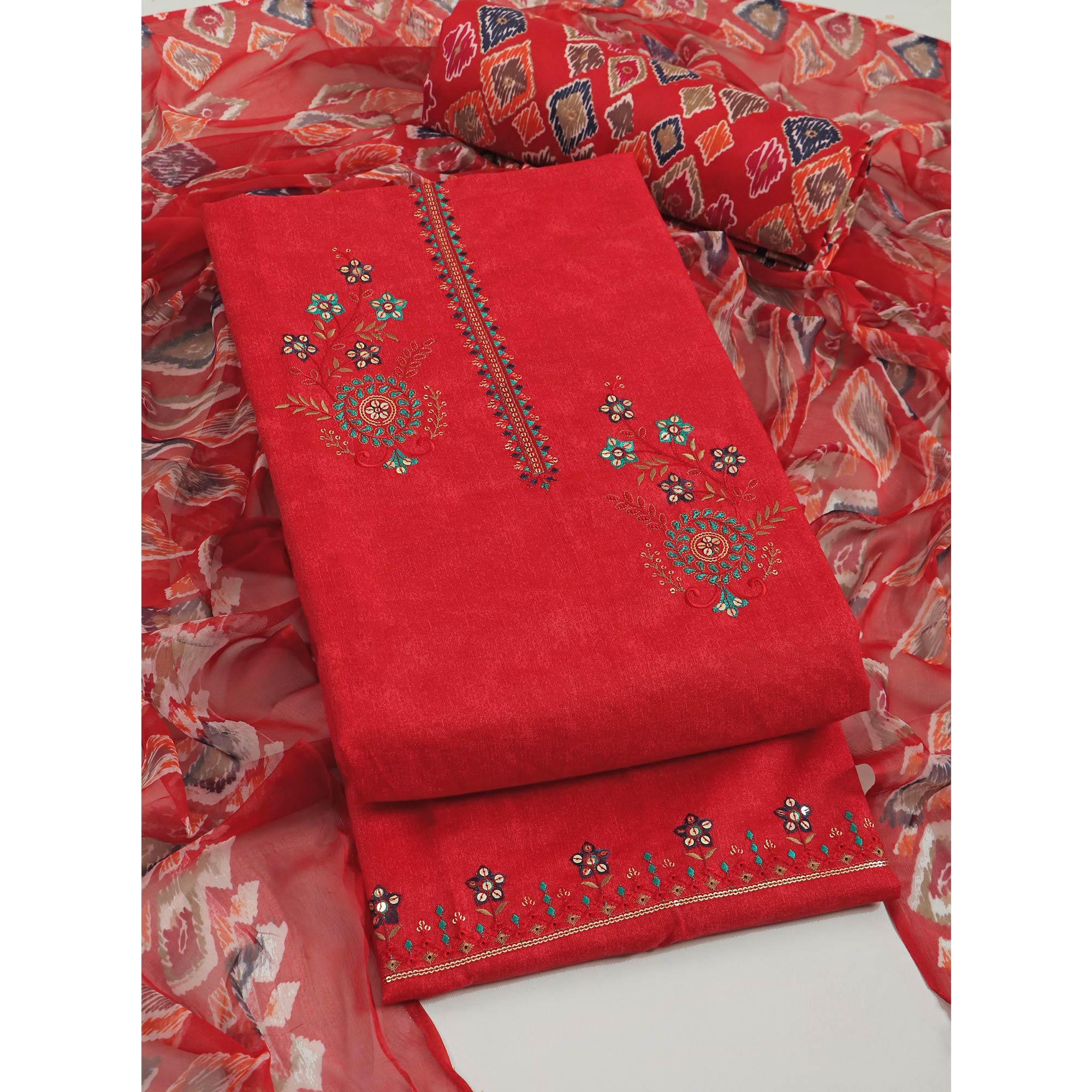 Red Floral Sequins Embroidered Pure Cotton Dress Material