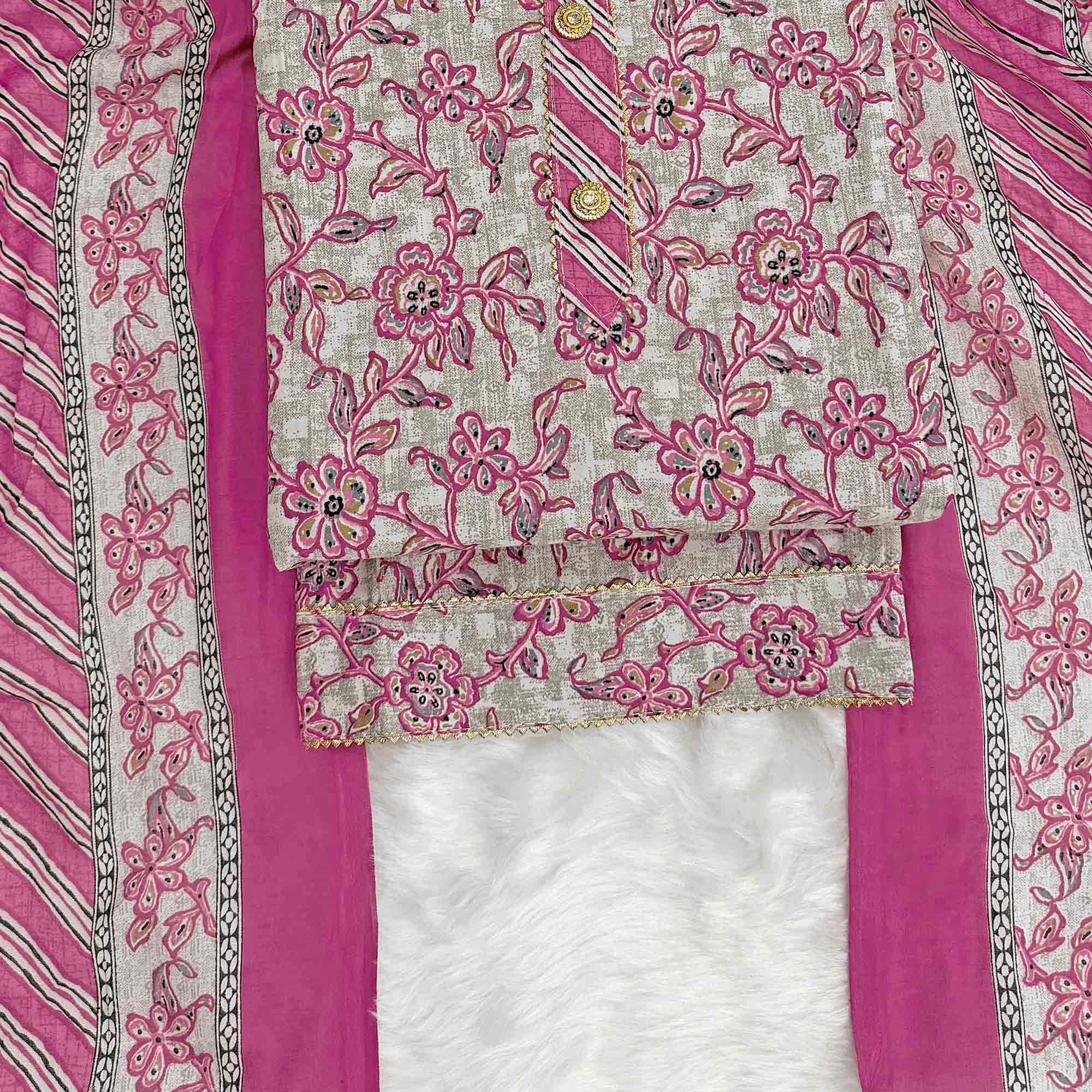 Charming Magenta Floral Printed Cotton Blend Dress Material Featuring Intricate Lace Border