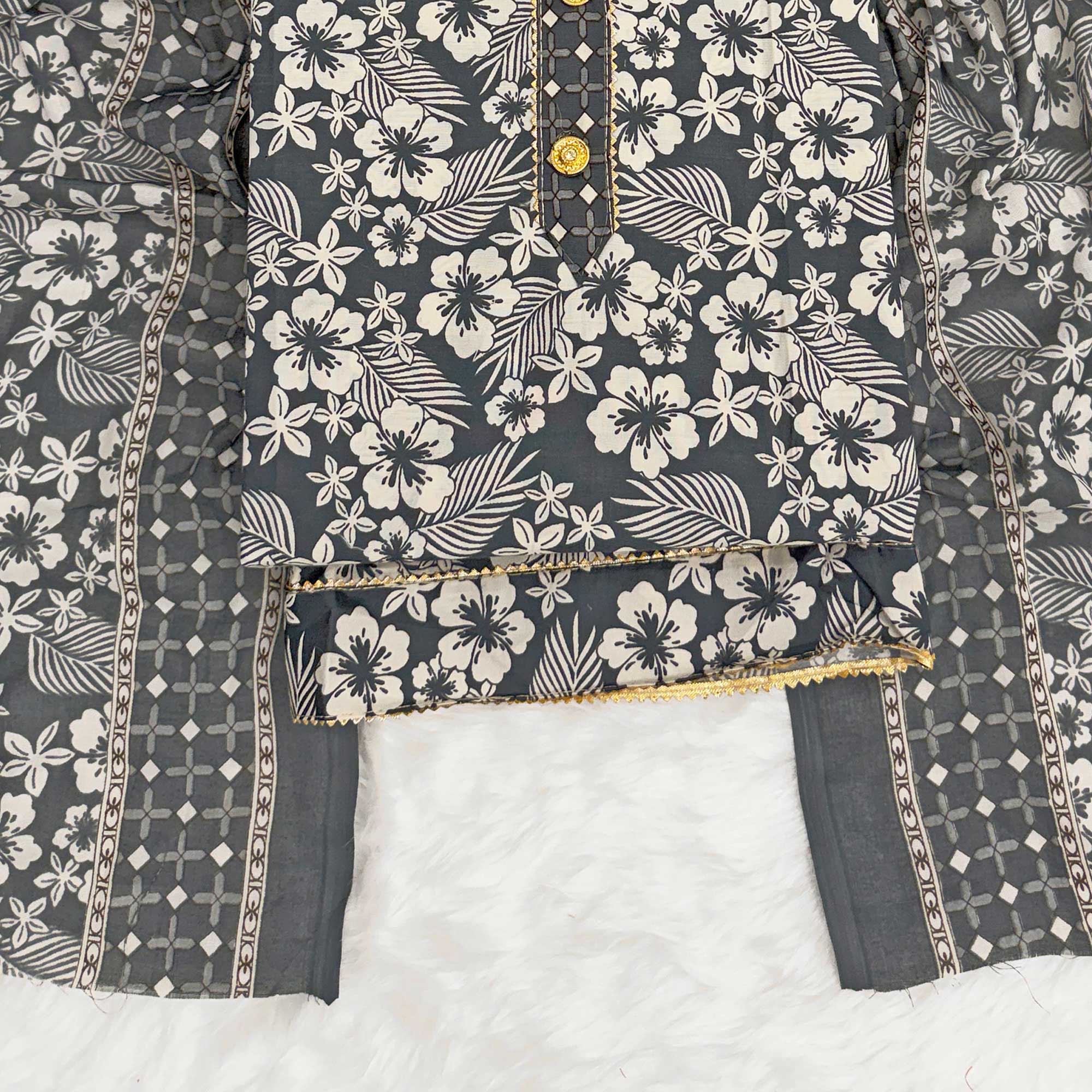 Graceful Grey Floral Printed Cotton Blend Dress Material With Lace Border