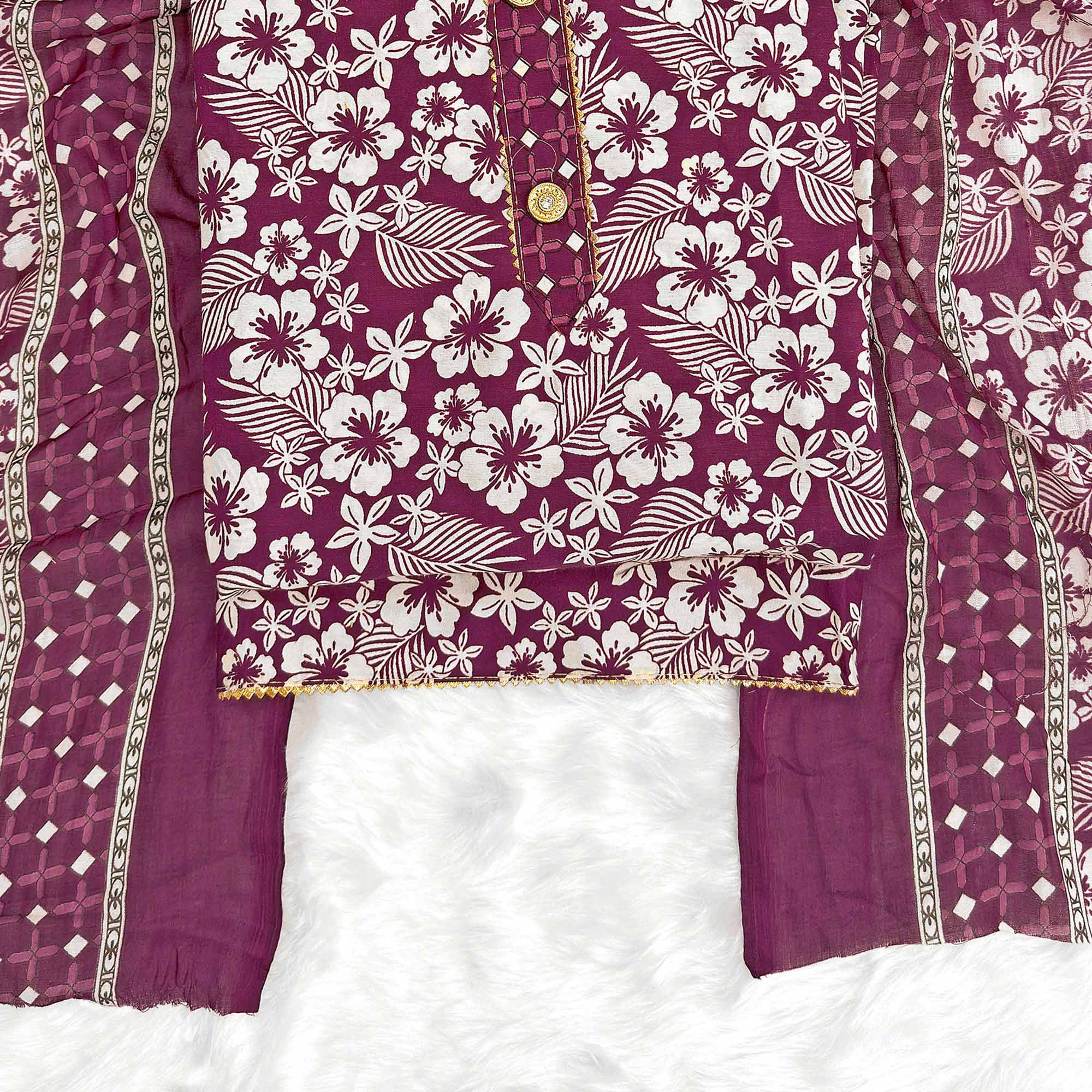 Graceful Wine Floral Printed Cotton Blend Dress Material With Lace Border