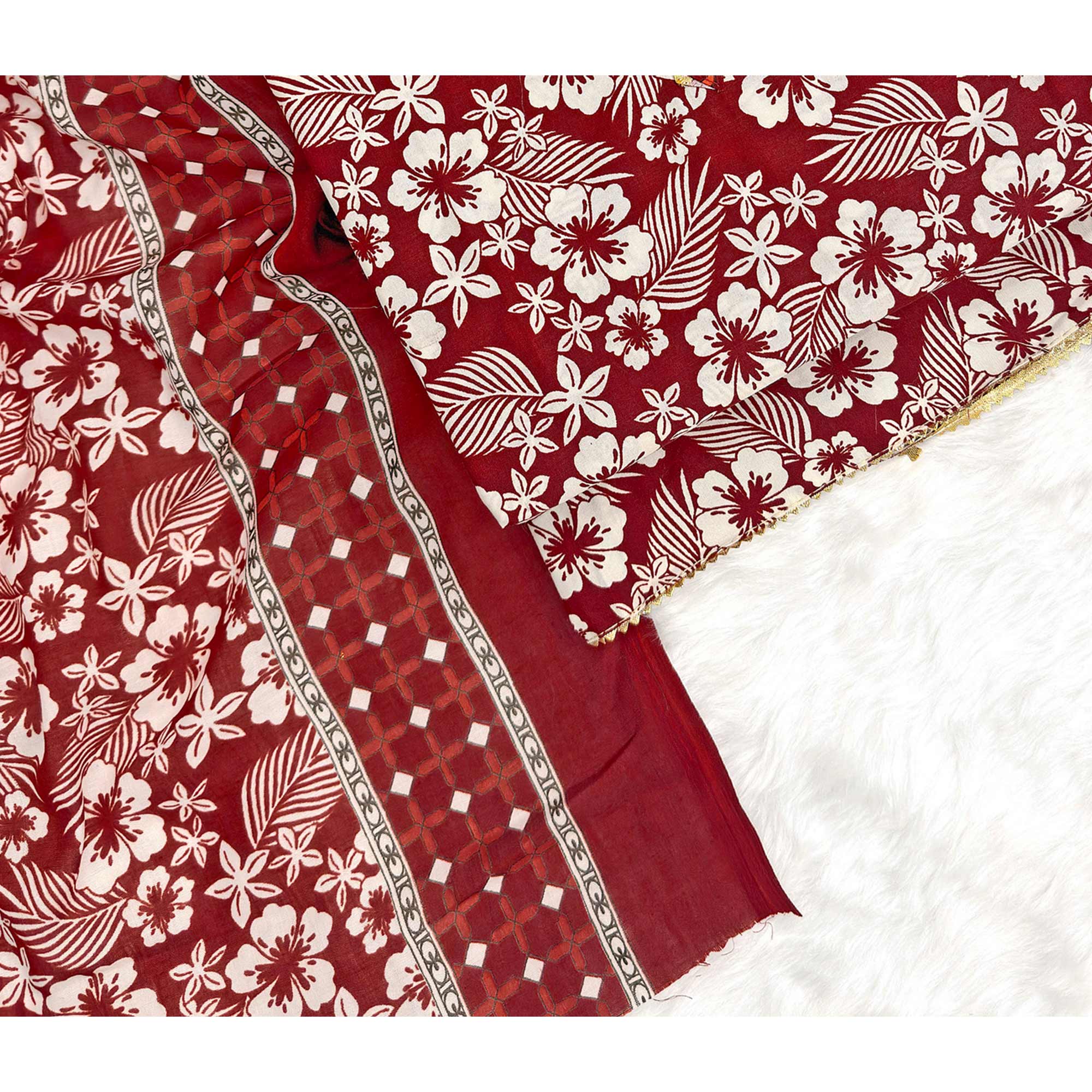 Graceful Maroon Floral Printed Cotton Blend Dress Material With Lace Border