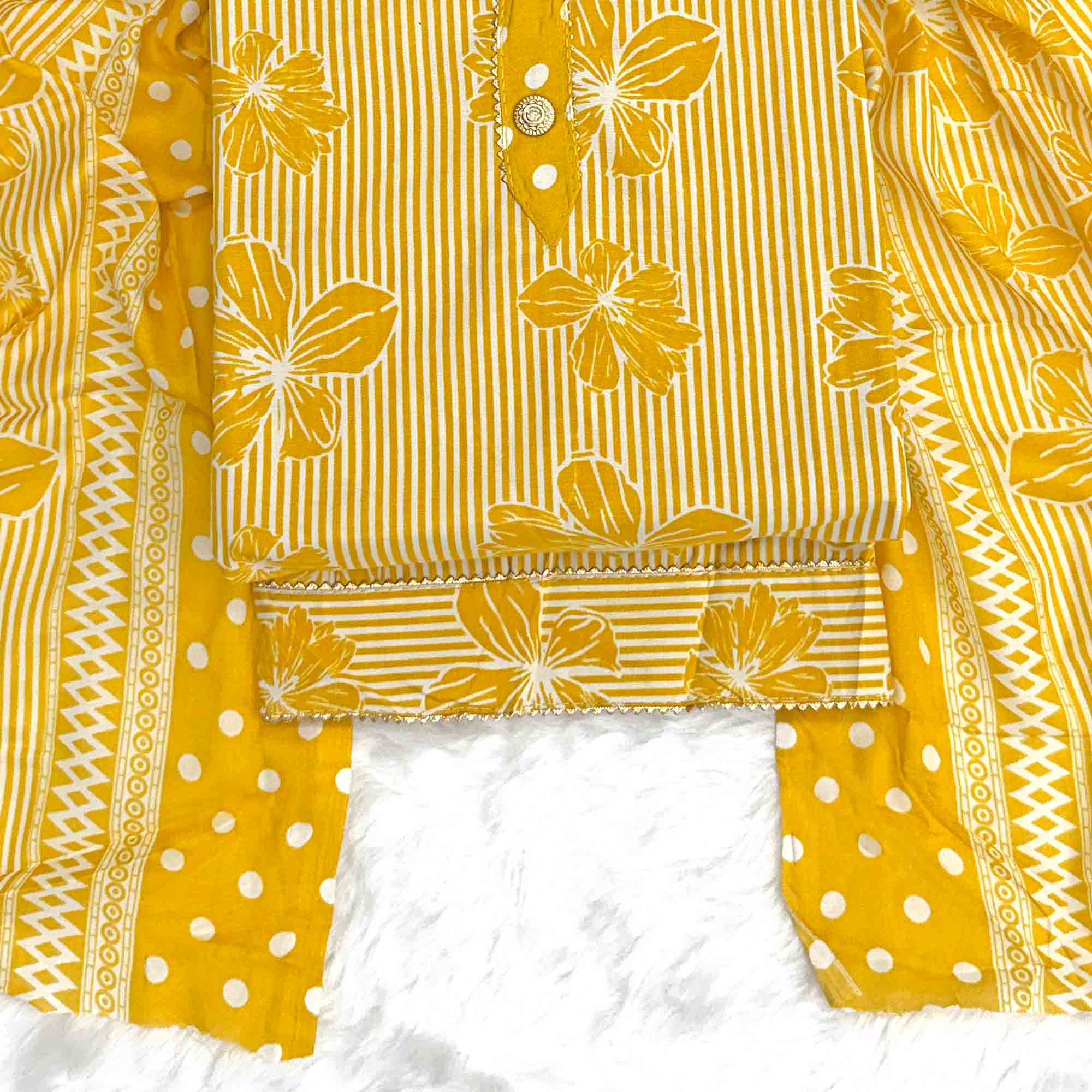 Mustard Floral & Striped Printed Cotton Blend Dress Material With Elegant Lace Border