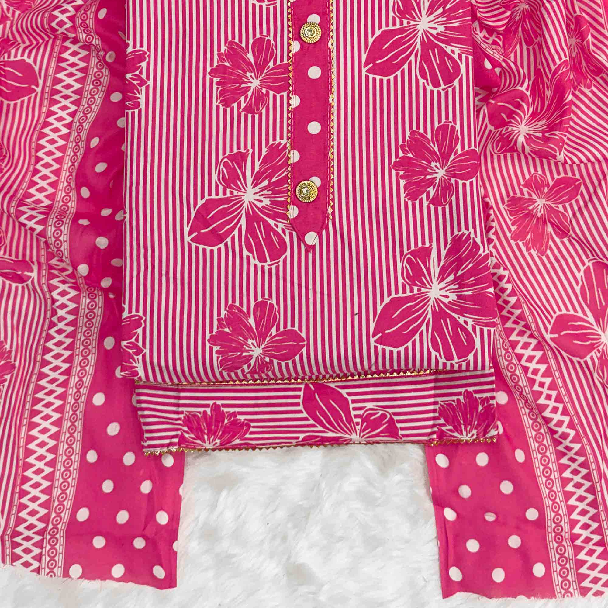 Rani Pink Floral & Striped Printed Cotton Blend Dress Material With Elegant Lace Border