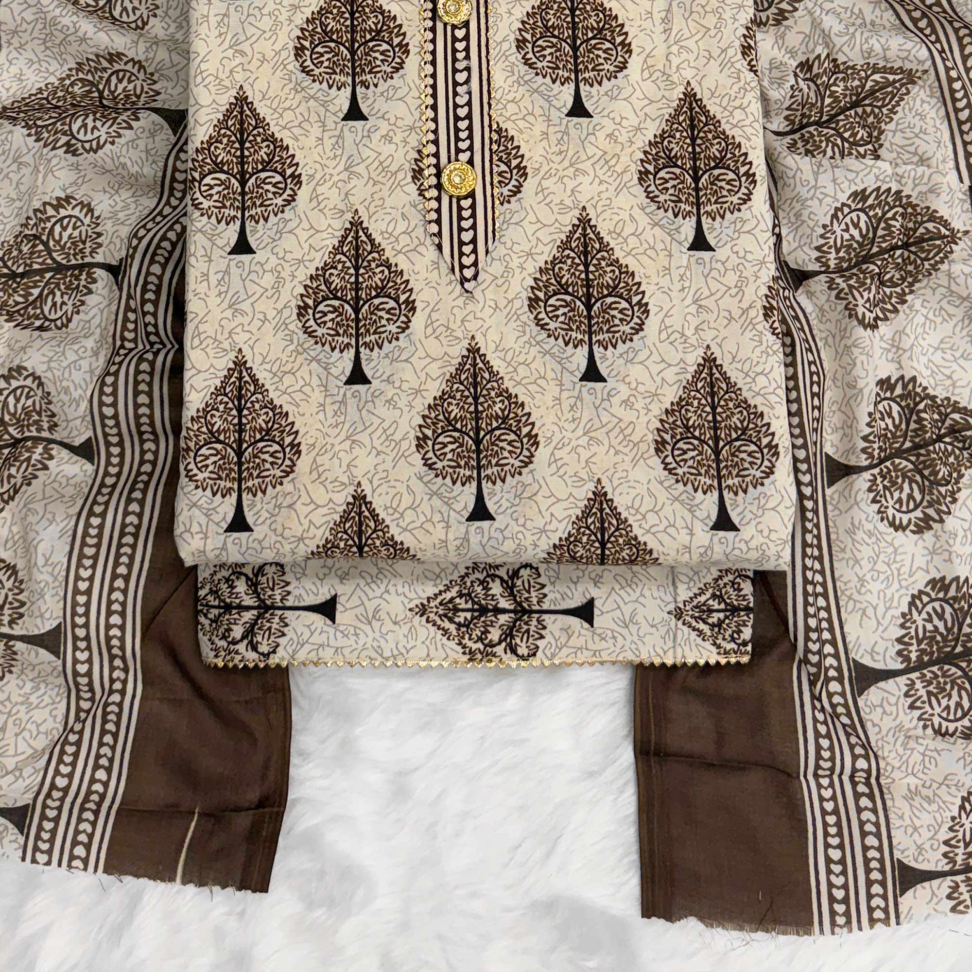 Vibrant Brown Leaf Printed Cotton Blend Dress Material Refined With Lace Border