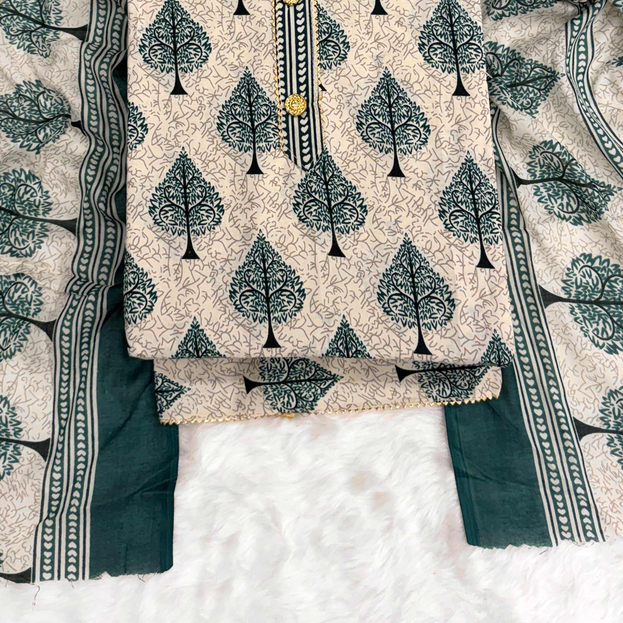 Vibrant Teal Green Leaf Printed Cotton Blend Dress Material Refined With Lace Border