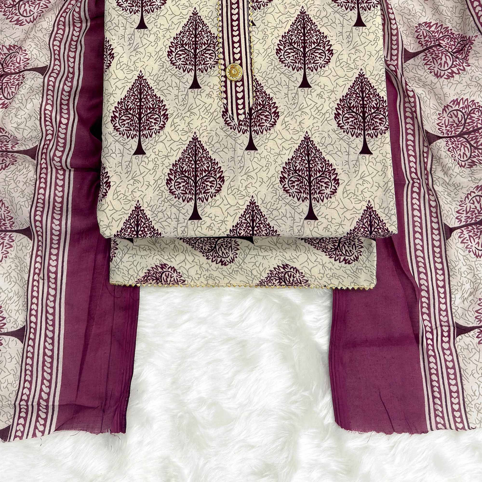 Vibrant Wine Leaf Printed Cotton Blend Dress Material Refined With Lace Border