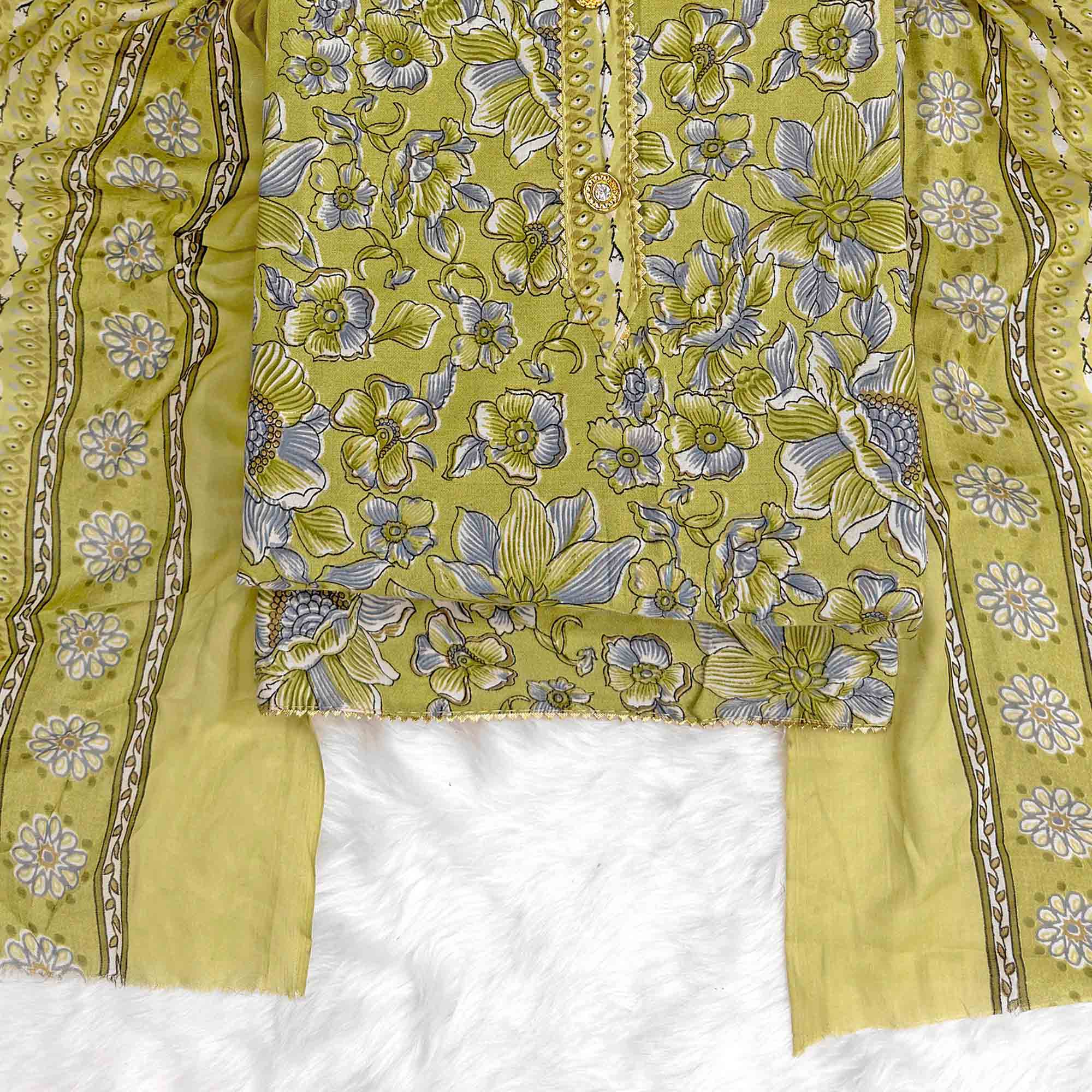 Elegant Olive Green Floral Printed Cotton Blend Dress Material Adorned With Intricate Lace Border