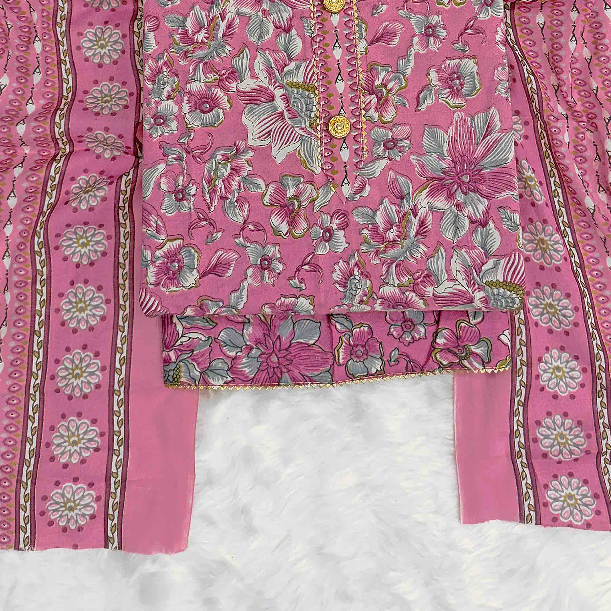 Elegant Pink Floral Printed Cotton Blend Dress Material Adorned With Intricate Lace Border