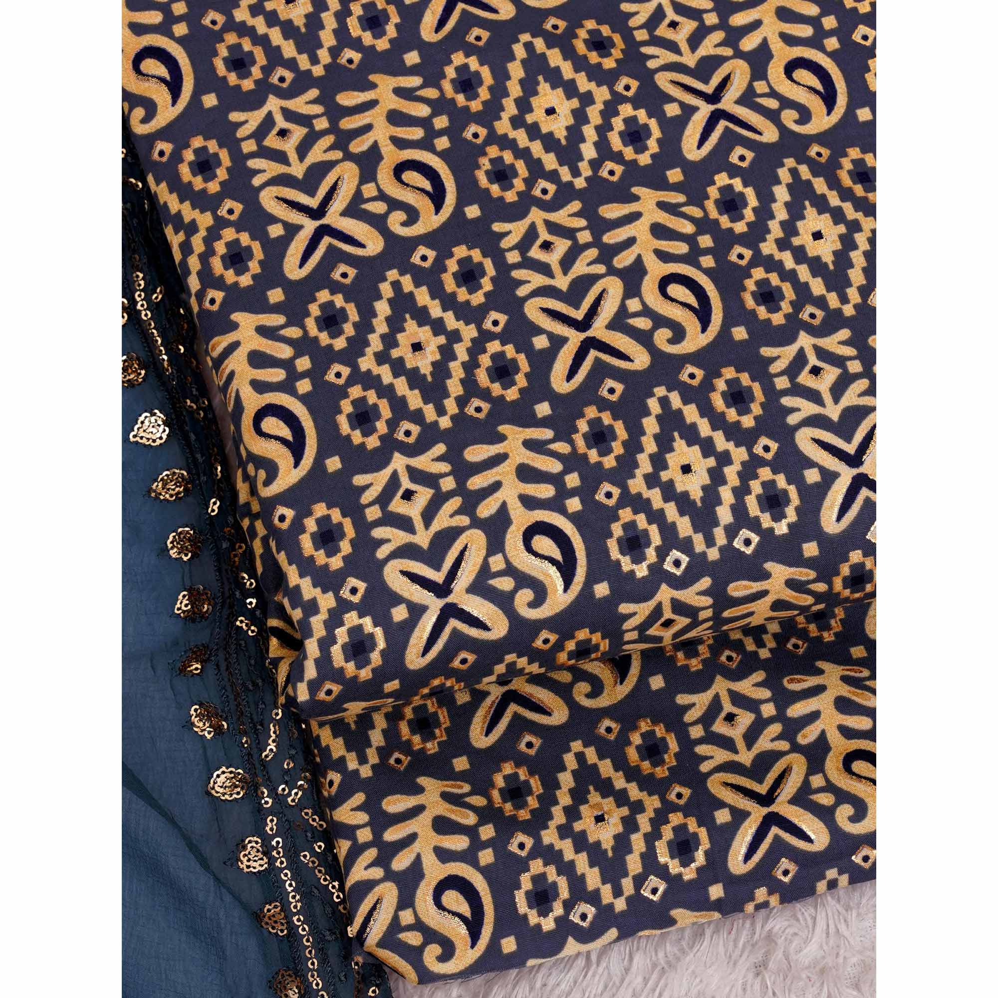 Blue Foil Printed Cotton Blend Dress Material