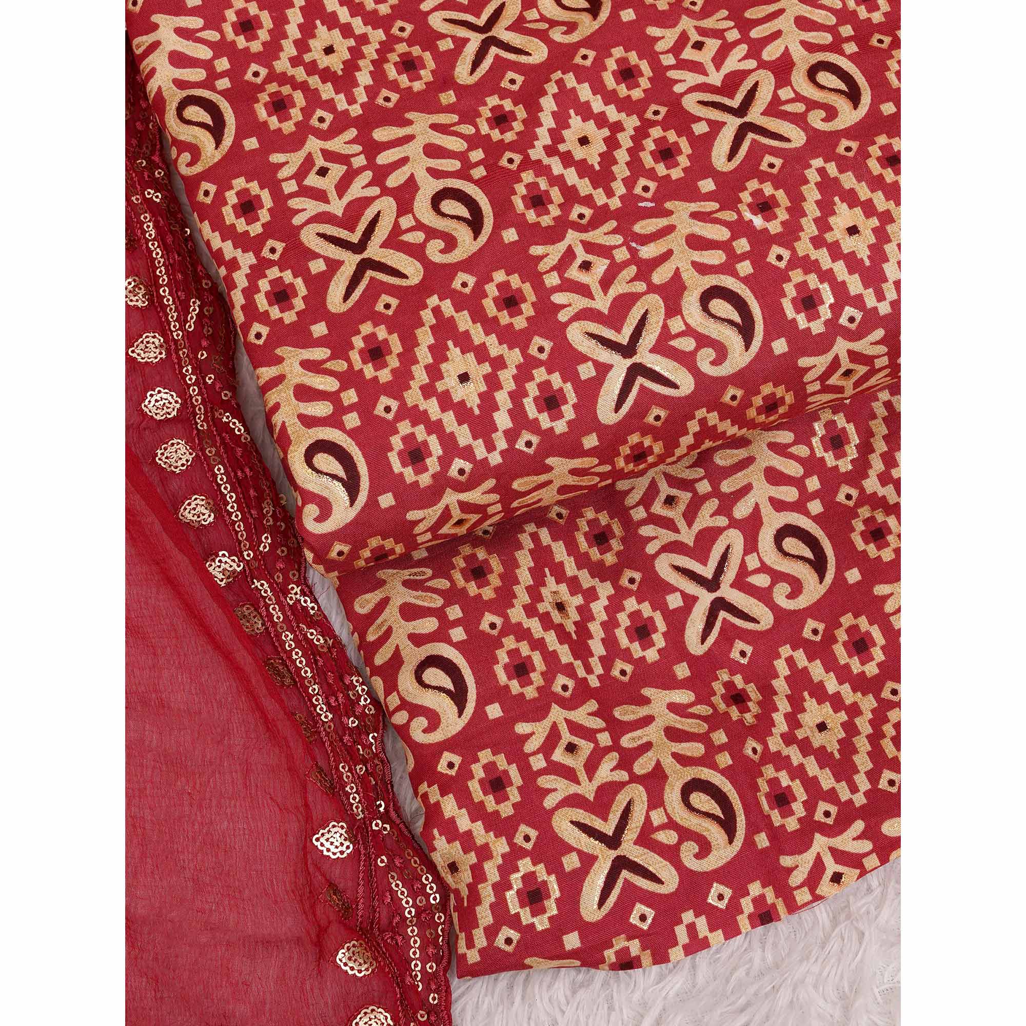 Maroon Foil Printed Cotton Blend Dress Material