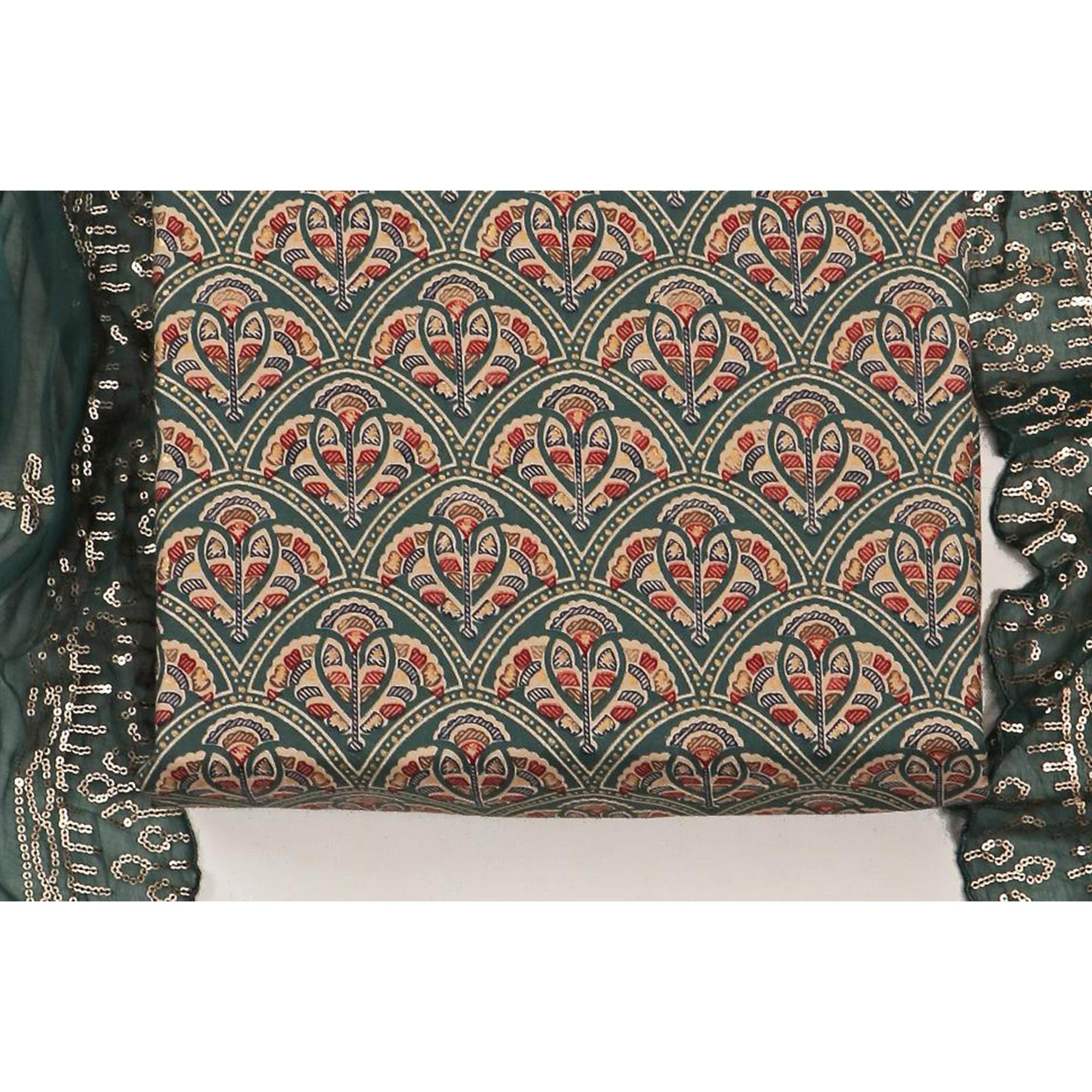 Green Floral Foil Printed Cotton Blend Dress Material