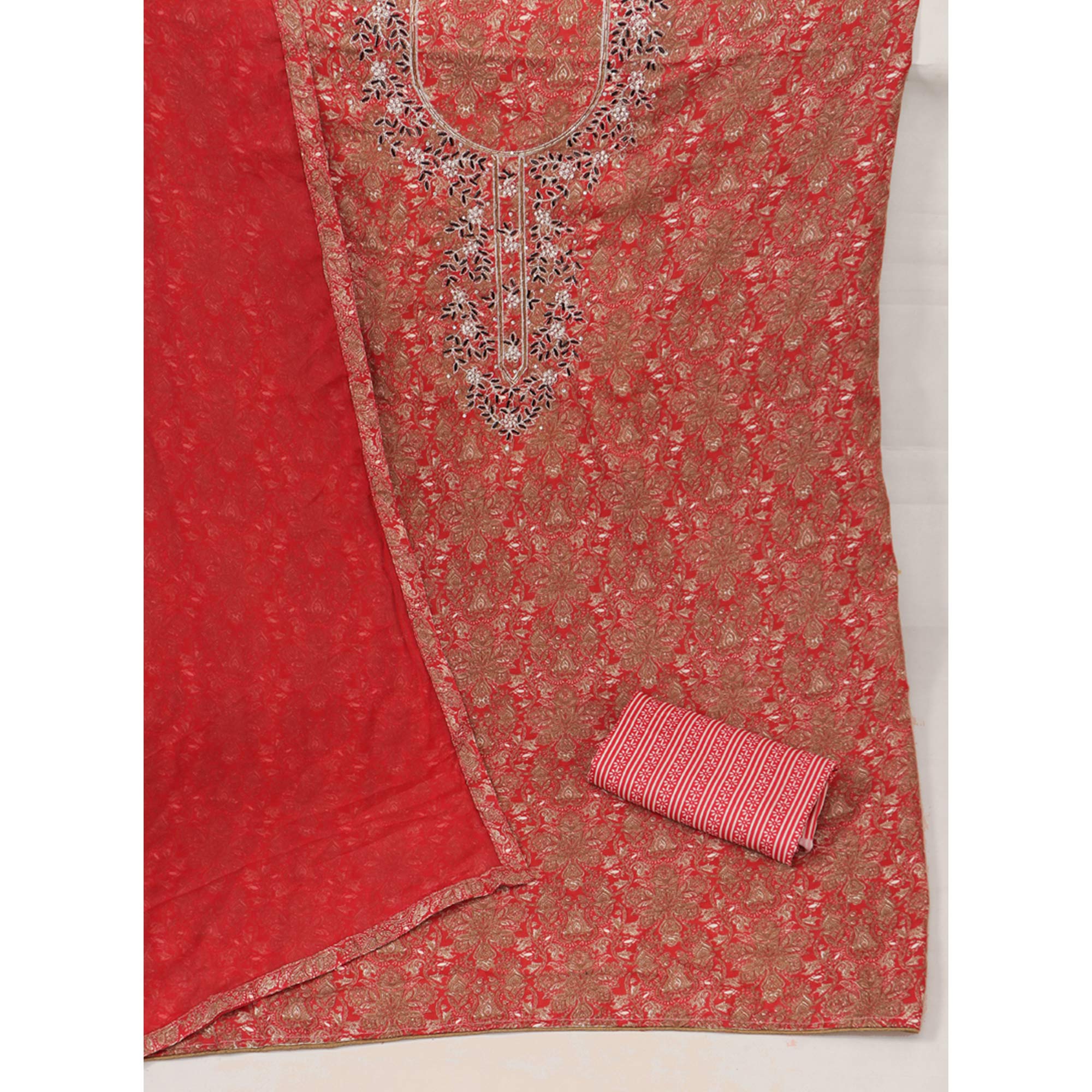 Gajari Pink Floral Printed With Hand Embroidery Pure Cotton Dress Material