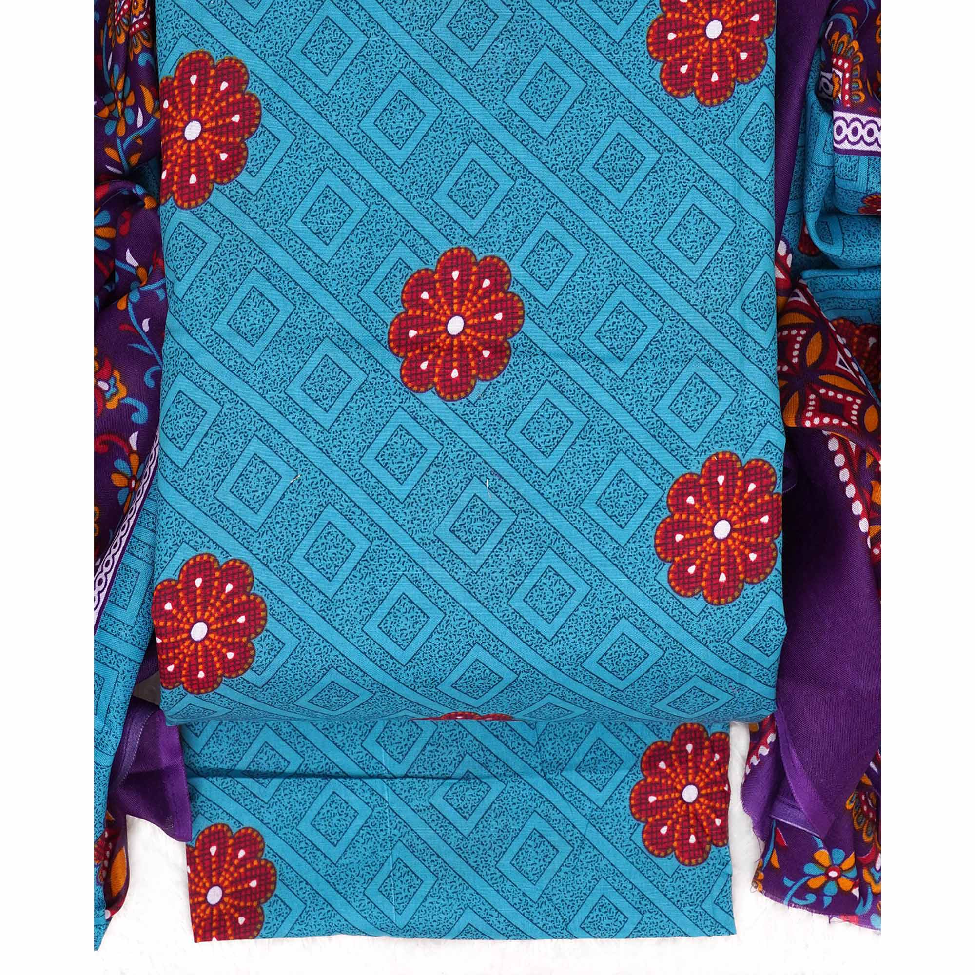 Blue Printed Pure Cotton Dress Material