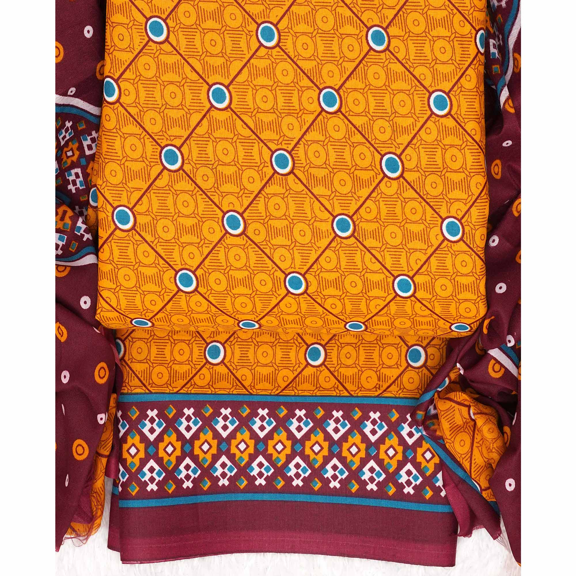 Yellow Printed Pure Cotton Dress Material