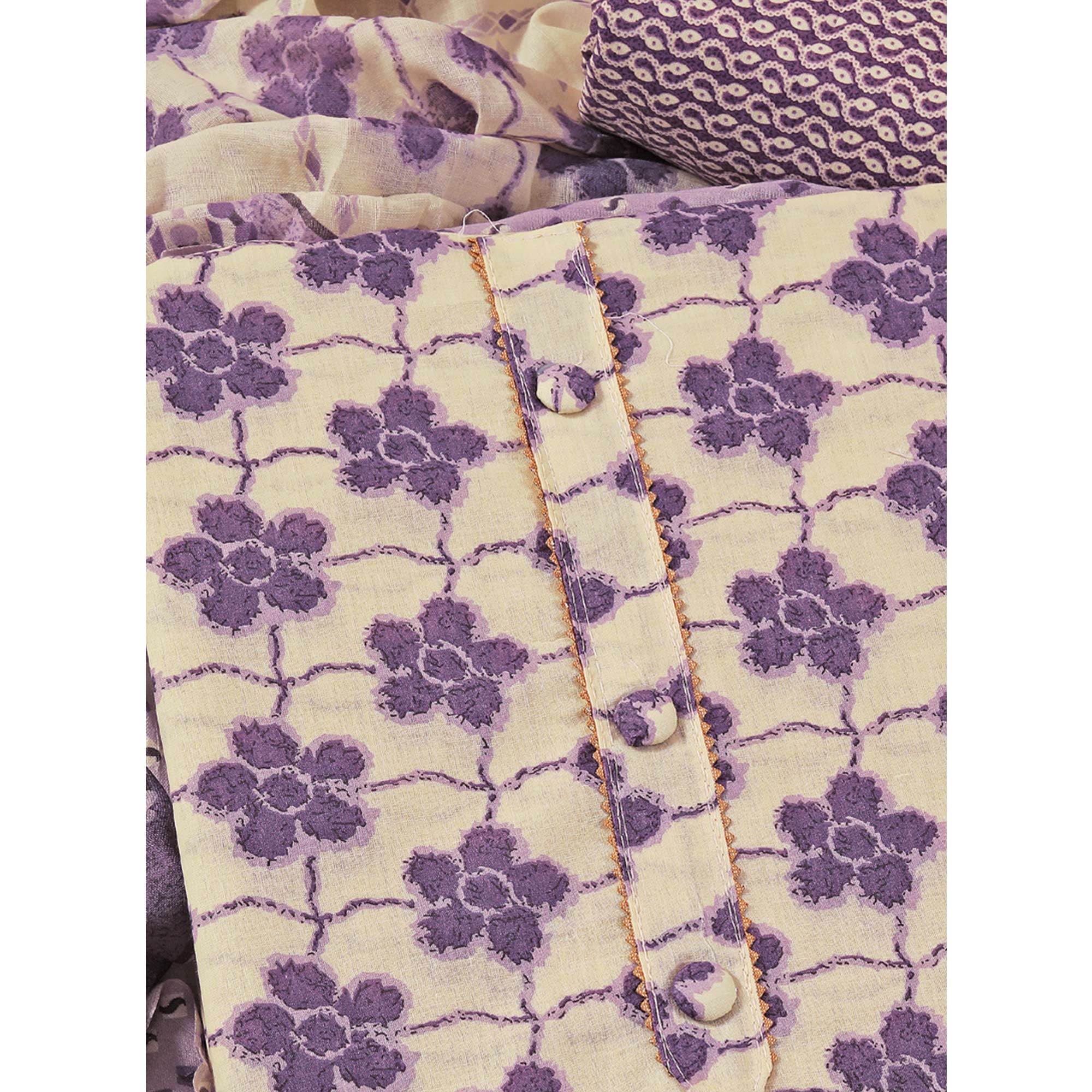 Lavender Floral Printed With Gota Patti Work Pure Cotton Dress Material