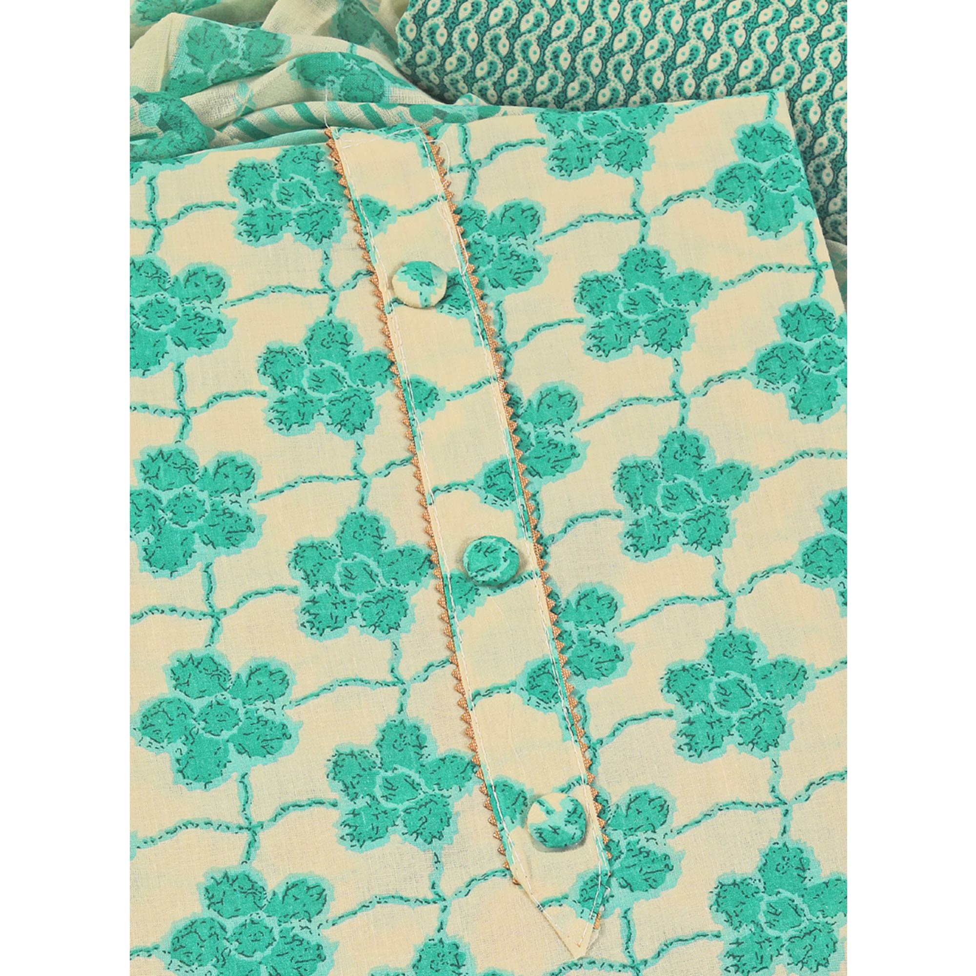 Turquoise Floral Printed With Gota Patti Work Pure Cotton Dress Material