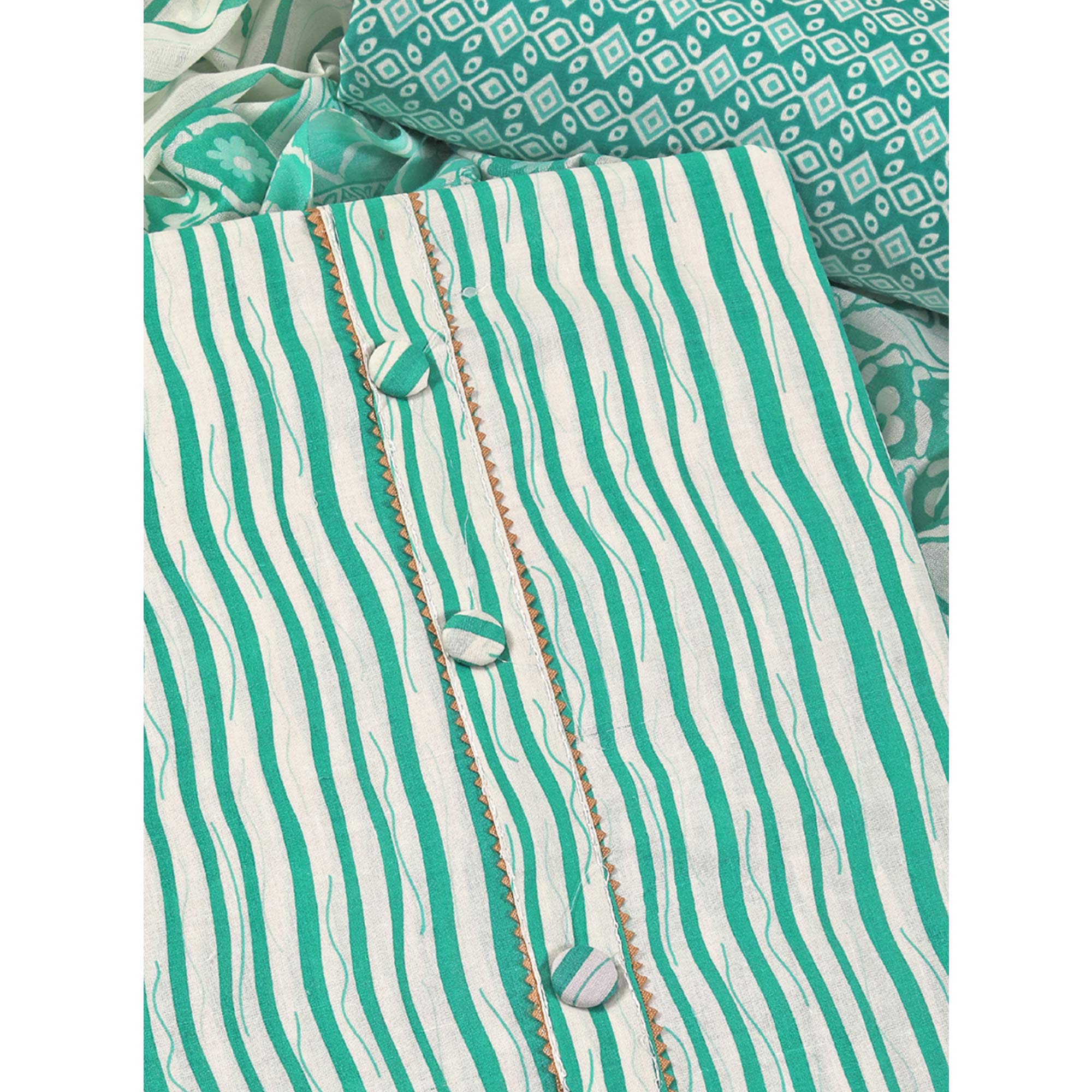 Turquoise Leheriya Printed With Gota Patti Work Pure Cotton Dress Material