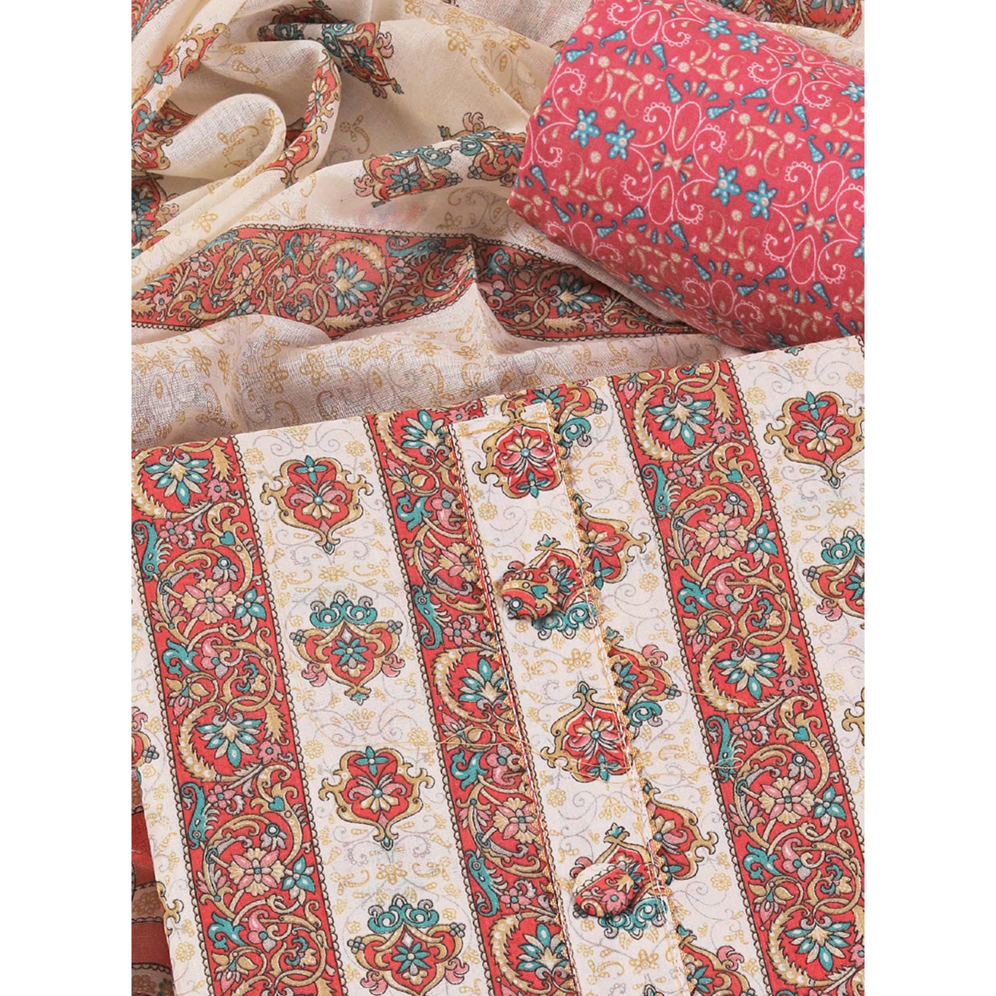 Red Floral Printed With Gota Patti Work Pure Cotton Dress Material