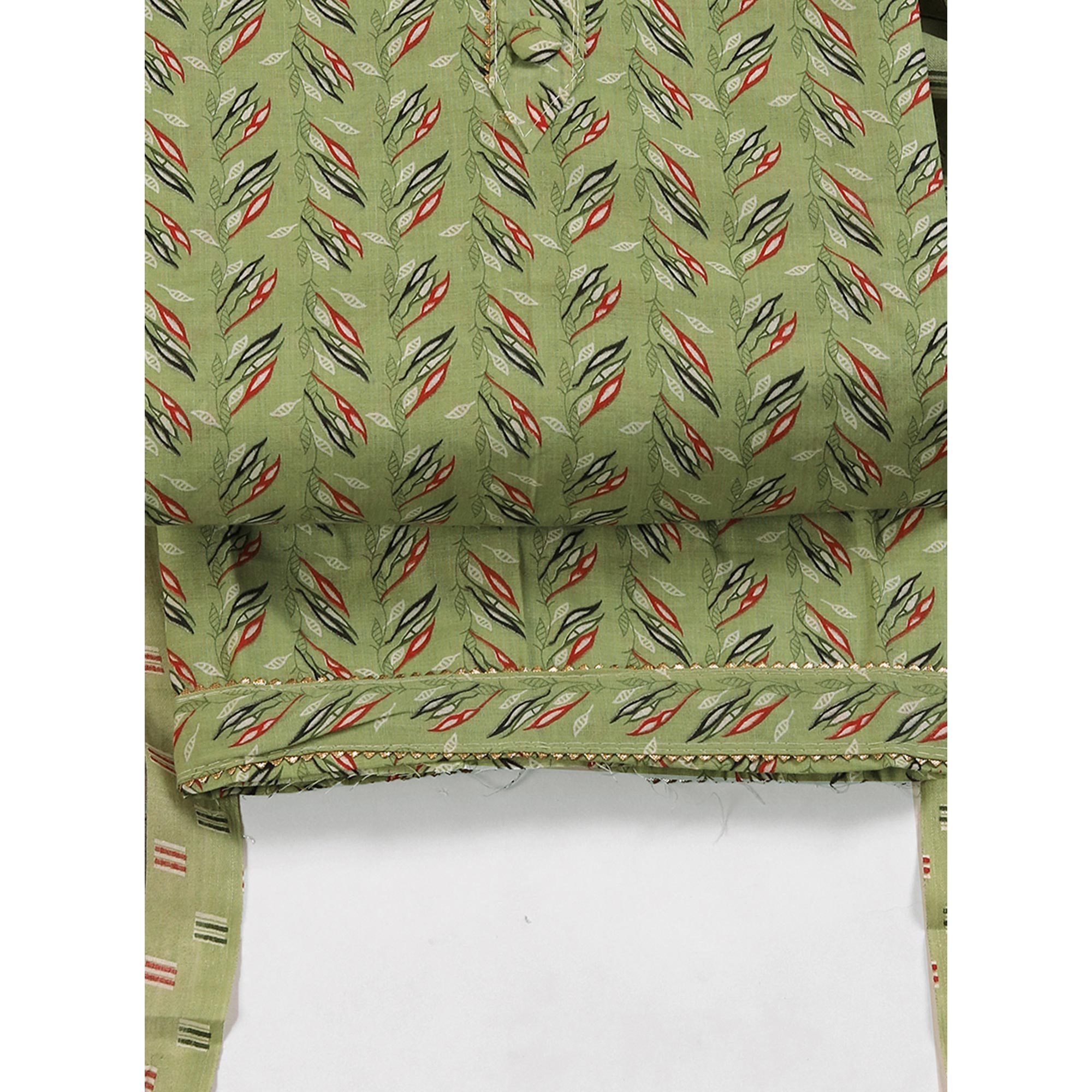 Fresh Green Dress Material in Pure Cotton with Subtle Leaf Print Accents