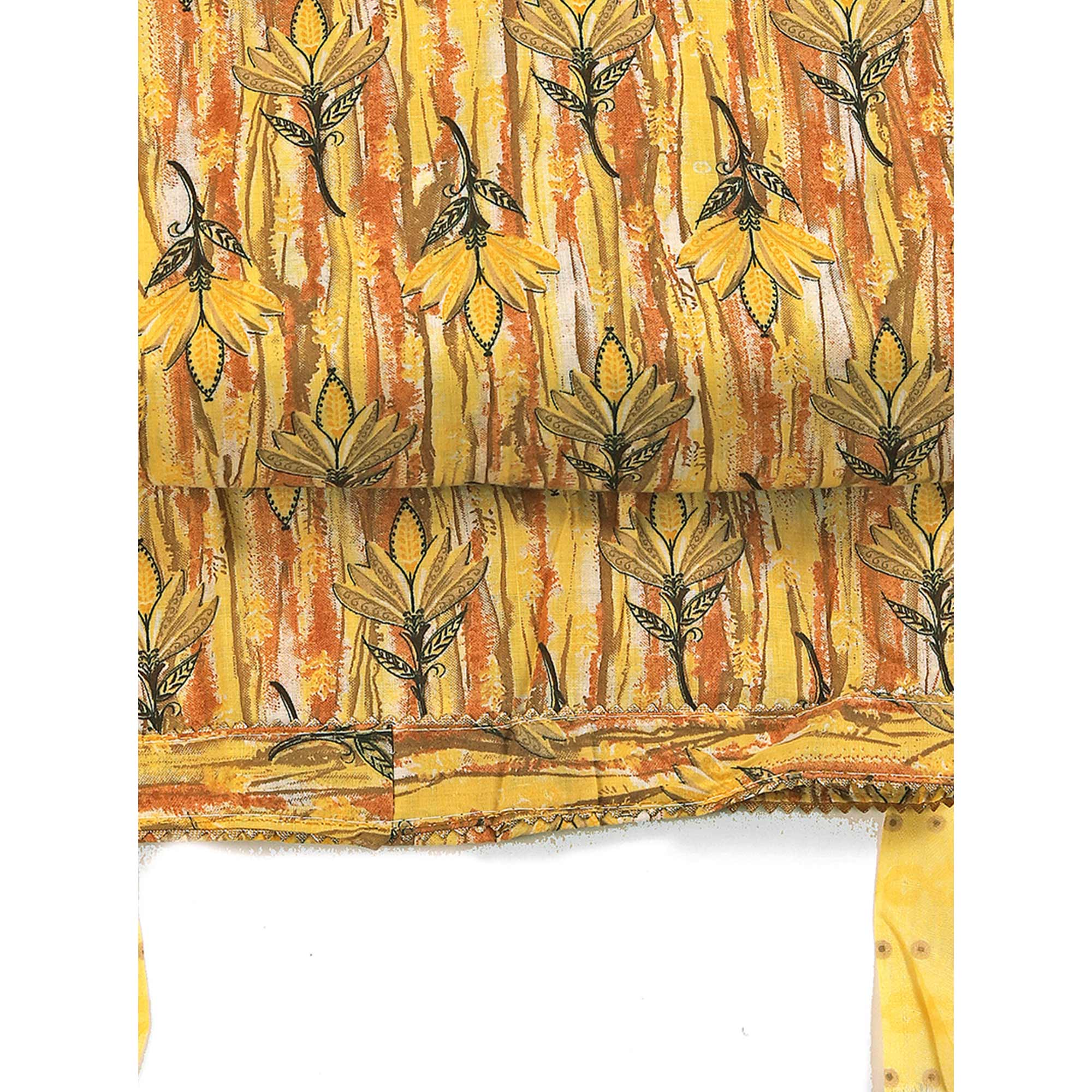 Yellow Pure Cotton Ensemble with All-Over Floral Motif Designs Dress Material