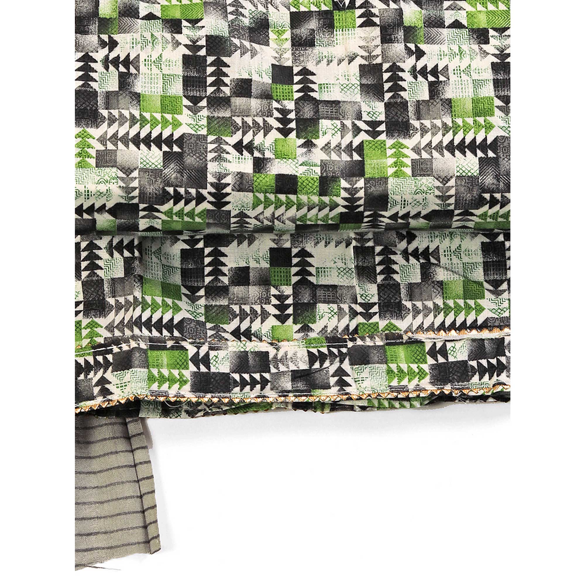 Cotton Dress Material Featuring a Grey and Green Palette with Artistic Geometric Patterns