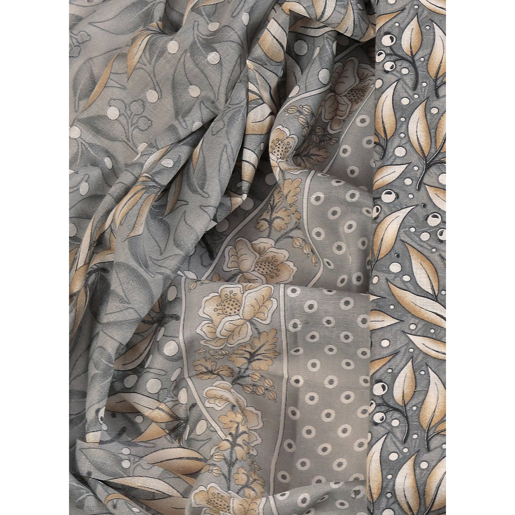 Pure Cotton Dress Material in Soothing Grey with Artistic Floral Prints