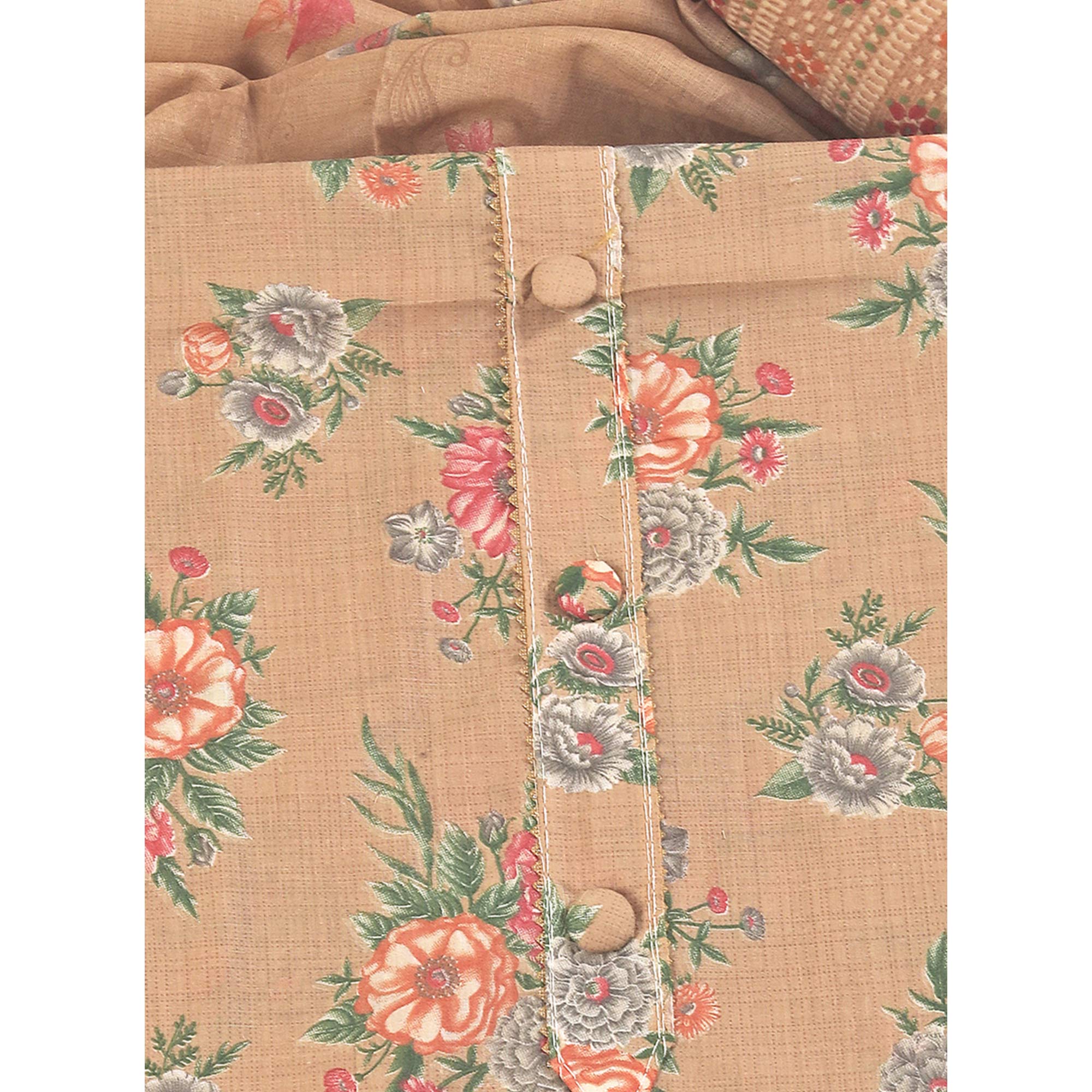 Charming Peach Dress Material in Pure Cotton with Subtle Floral Pattern Work