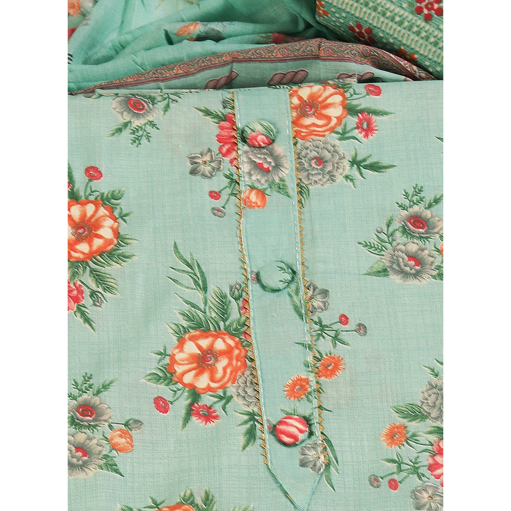 Charming Sea Green Dress Material in Pure Cotton with Subtle Floral Pattern Work