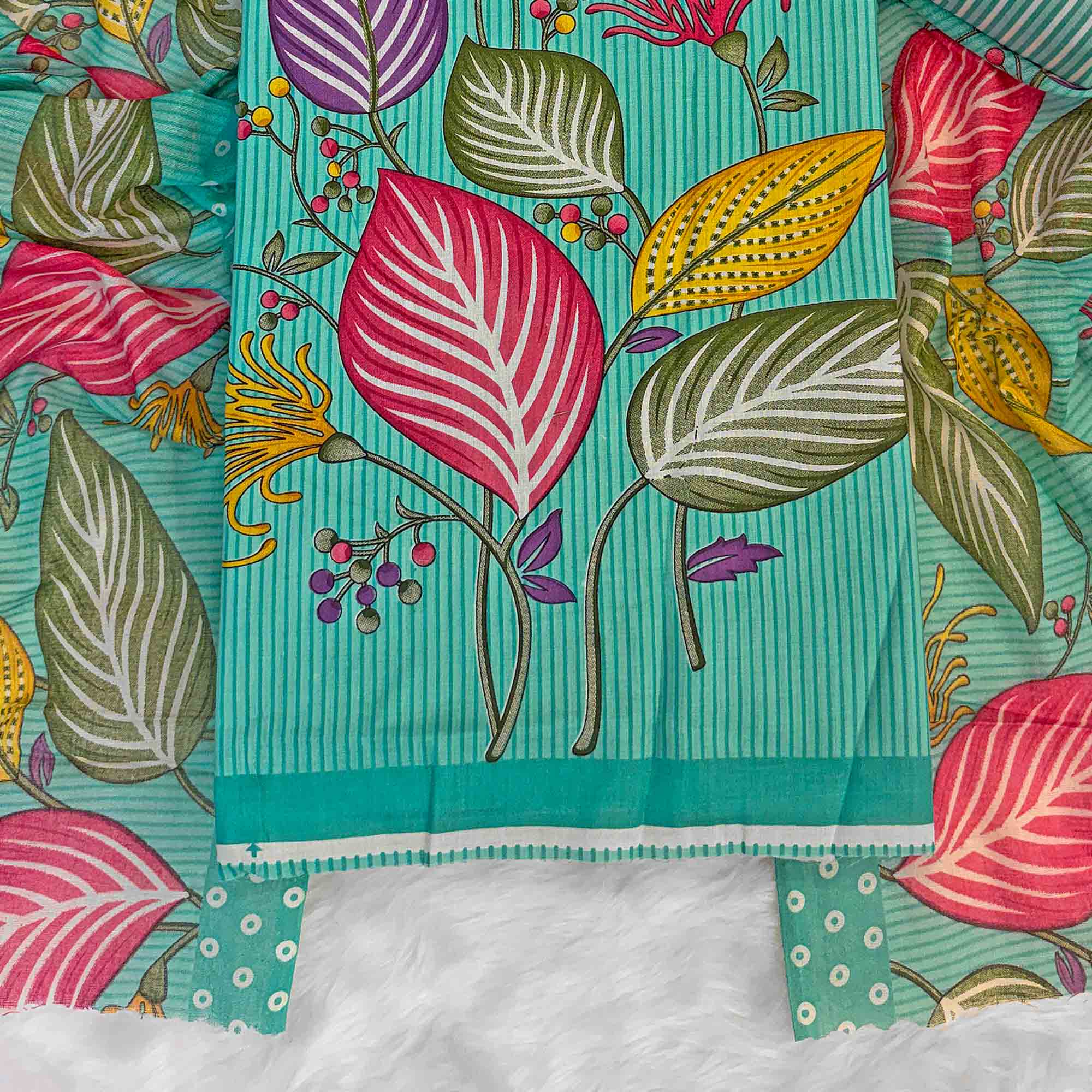 Turquoise Floral & Striped Printed Pure Cotton Dress Material With Elegant Detailing