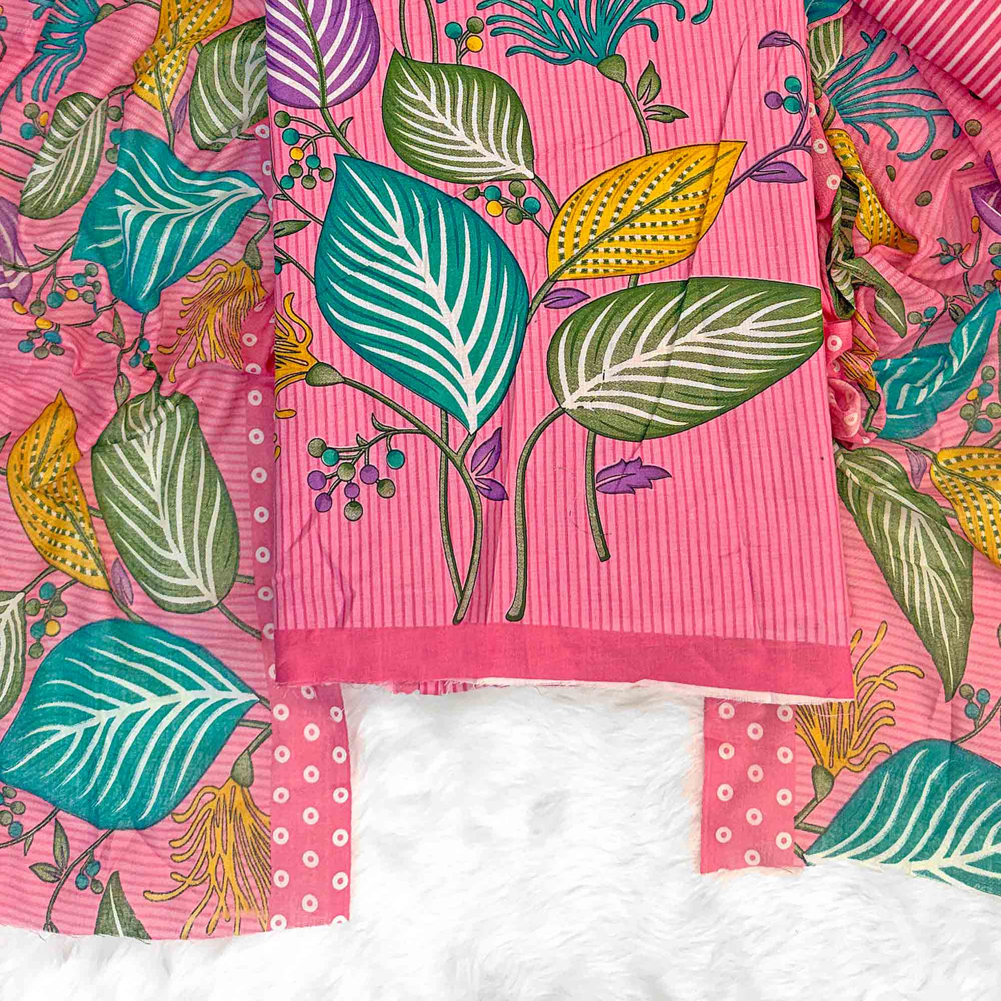 Pink Floral & Striped Printed Pure Cotton Dress Material With Elegant Detailing