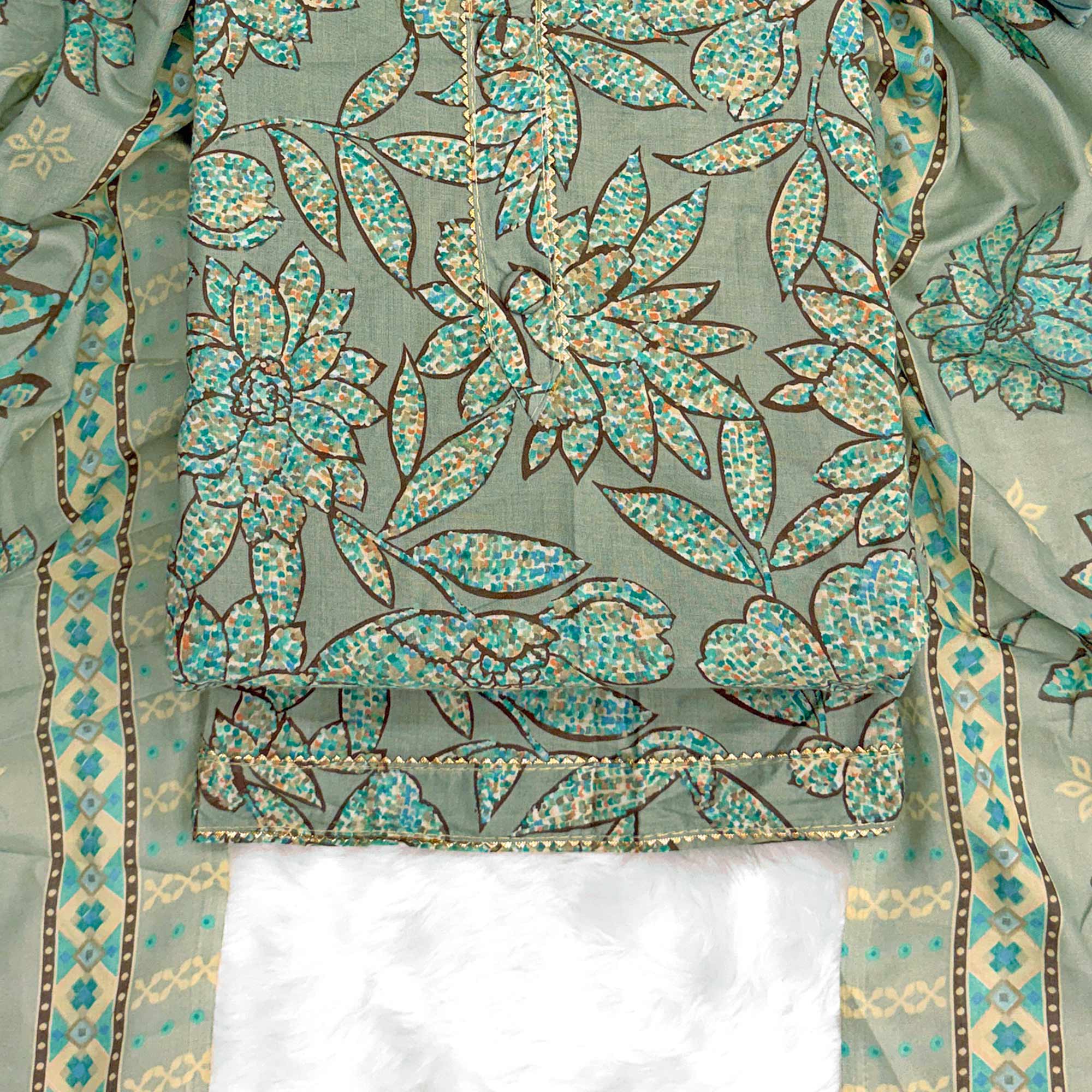 Dusty Sea Green Floral Printed Pure Cotton Dress Material With Elegant Everyday Appeal