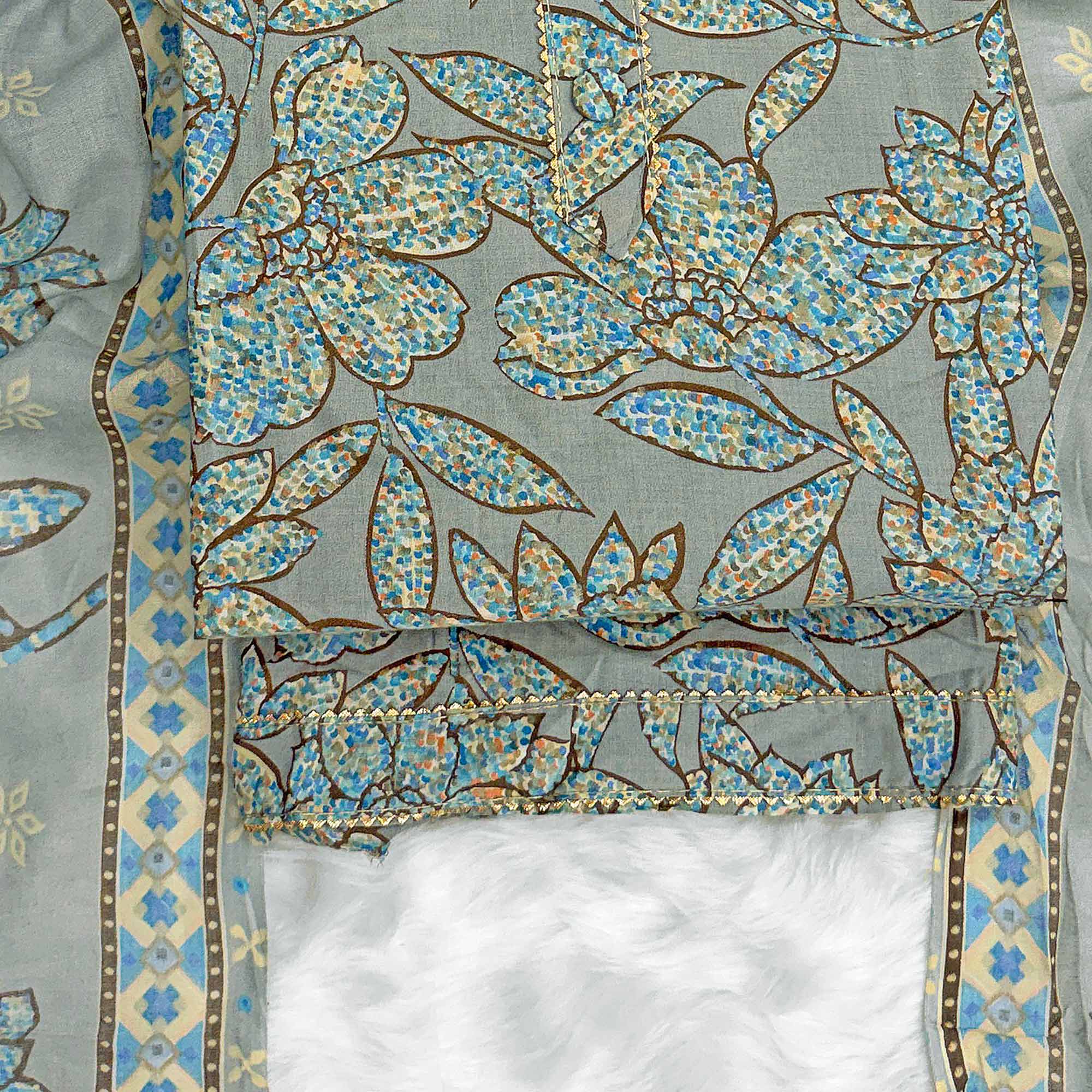 Dusty Blue Floral Printed Pure Cotton Dress Material With Elegant Everyday Appeal