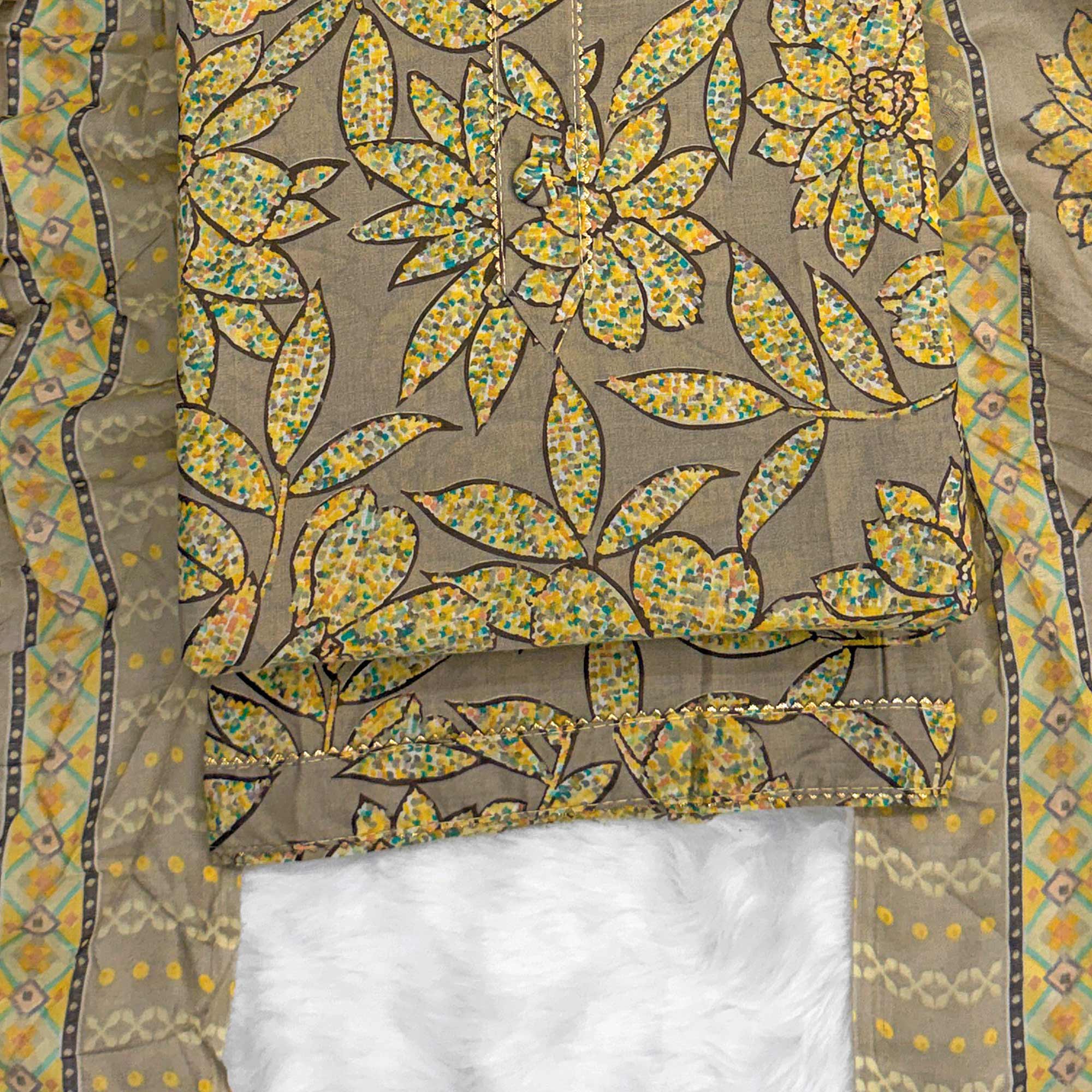 Brown & Yellow Floral Printed Pure Cotton Dress Material With Elegant Everyday Appeal