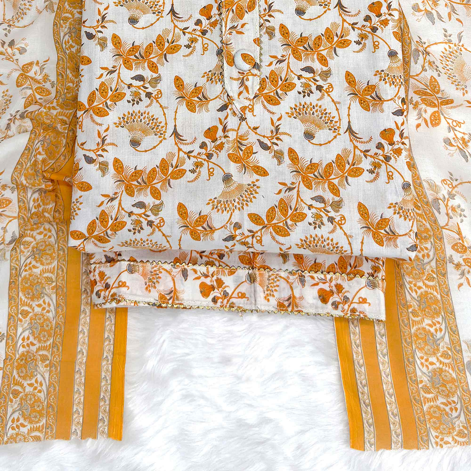 Elegant Mustard Floral Printed Pure Cotton Dress Material With Tie Neck & Fancy Button