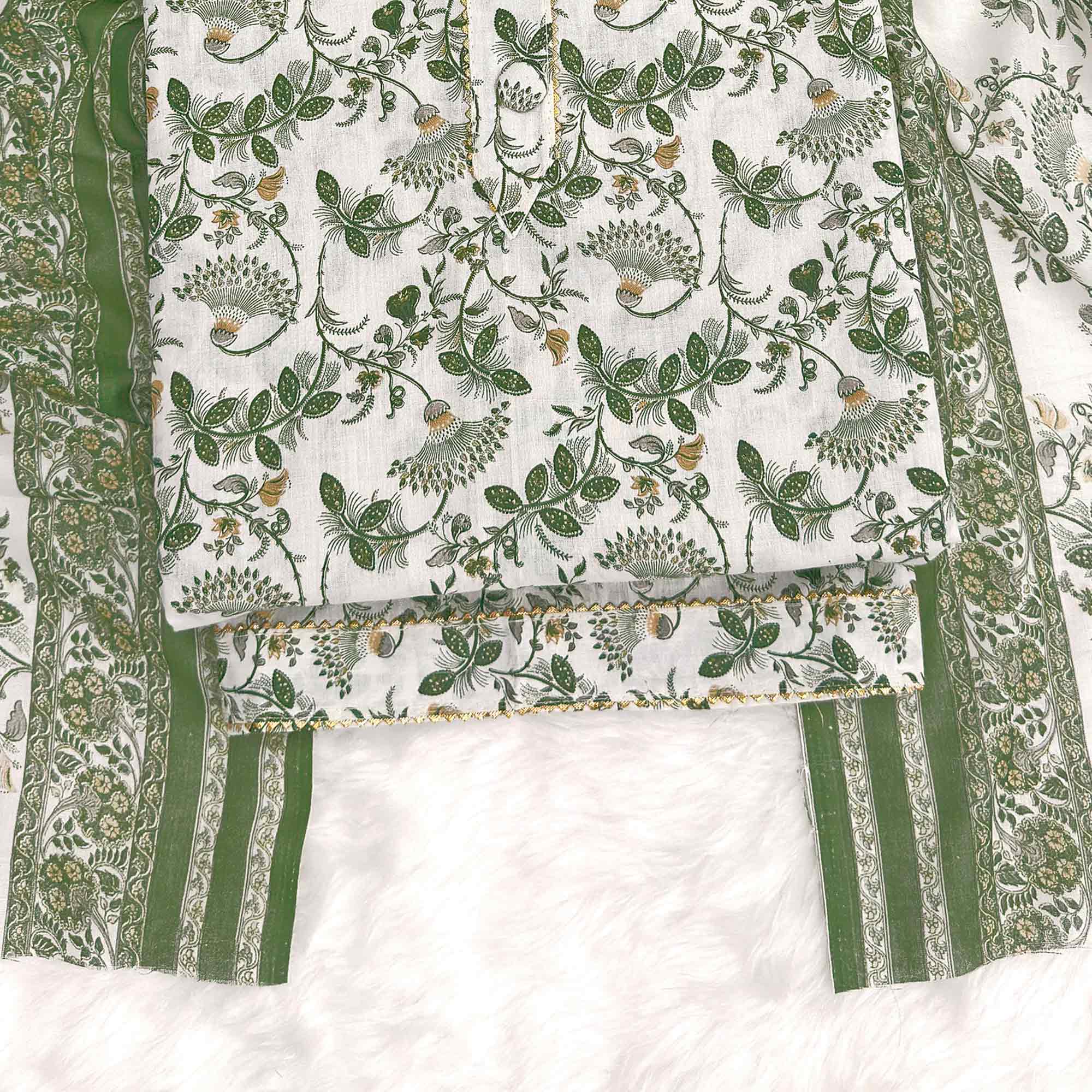 Elegant Green Floral Printed Pure Cotton Dress Material With Tie Neck & Fancy Button