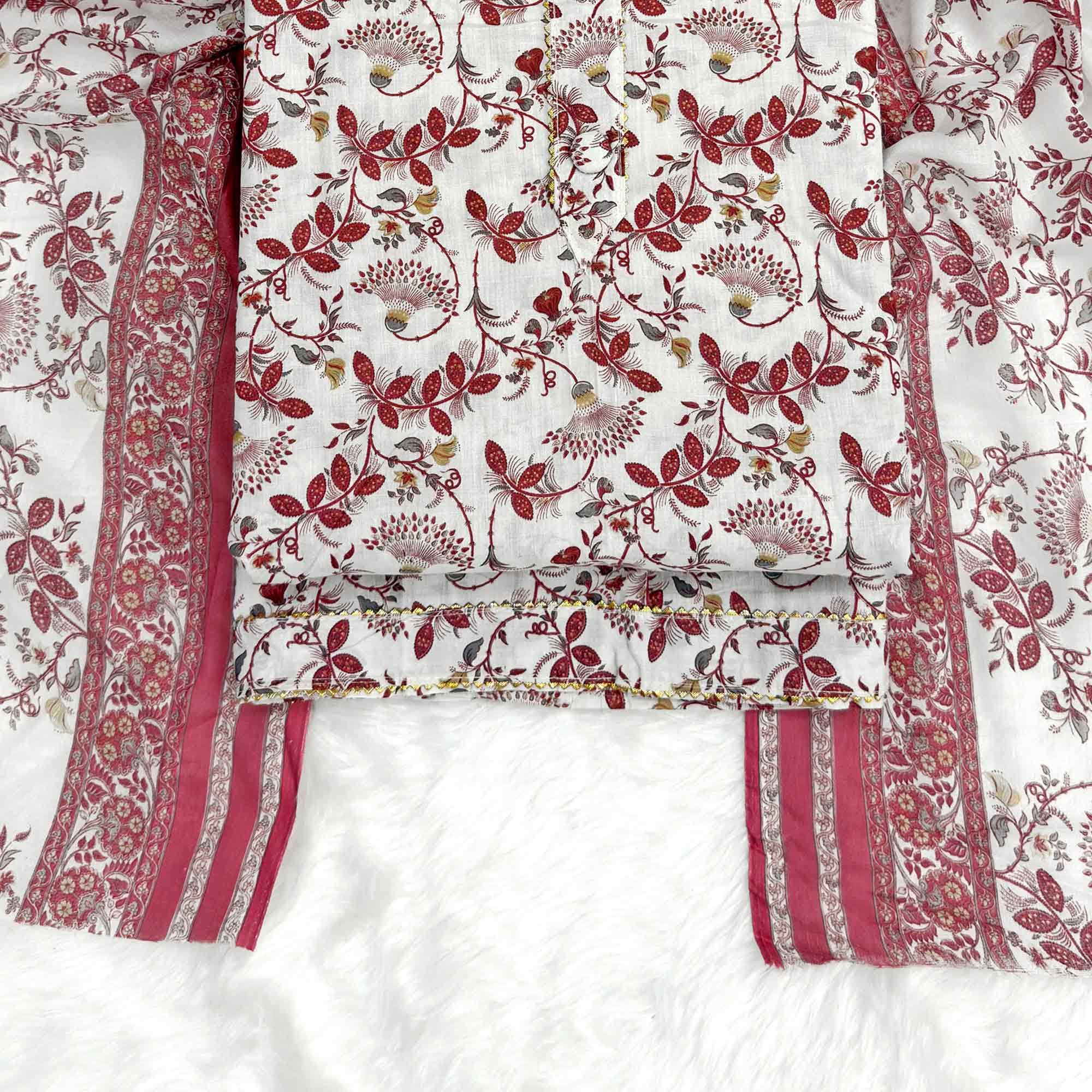 Elegant Maroon Floral Printed Pure Cotton Dress Material With Tie Neck & Fancy Button