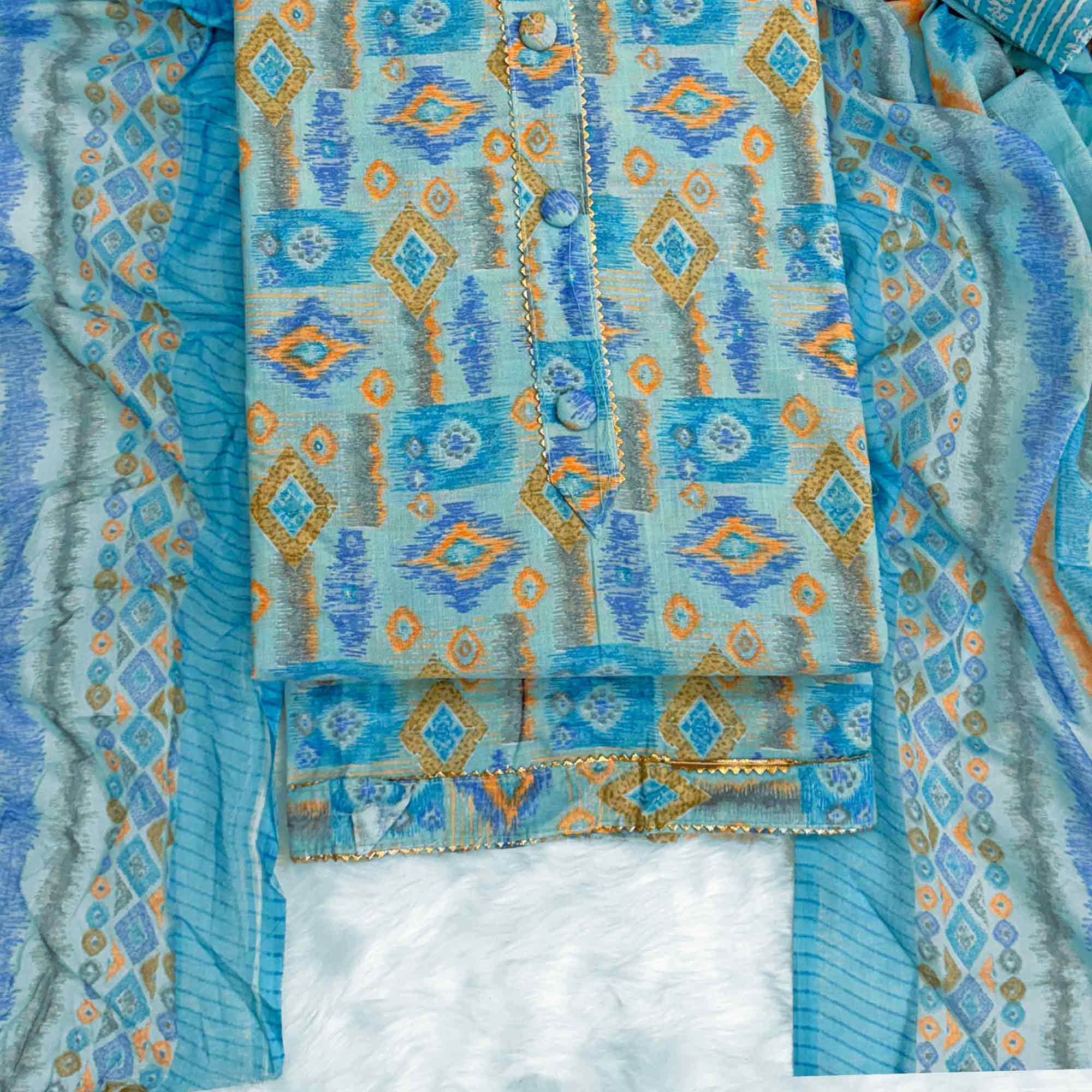 Blue Contemporary Ikat & Geometric Style Print Pure Cotton Dress Material With Decorative Button